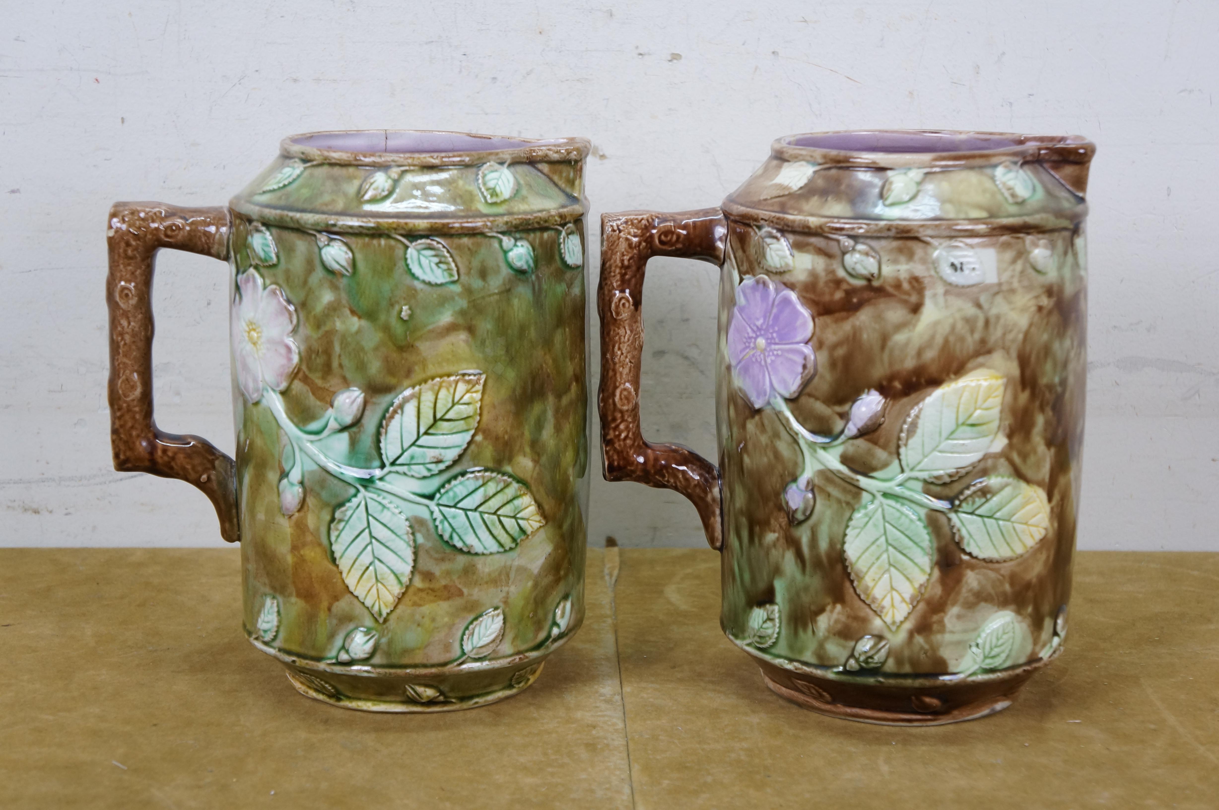 Antike Majolika Französisch Barbotine Hund Rose Blume Blüte Wasserkrug Krug 10