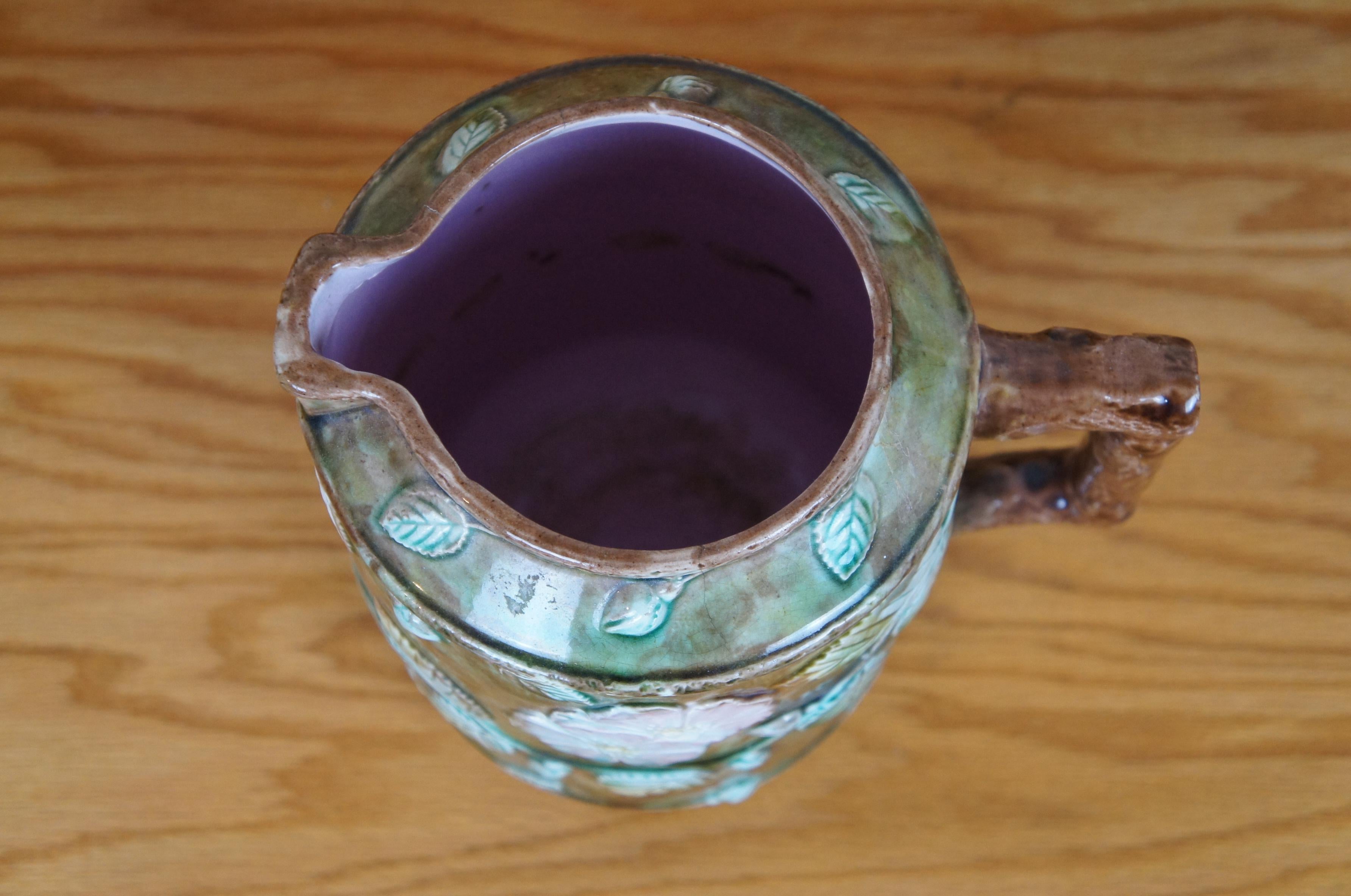 Antique Majolica French Barbotine Dog Rose Flower Blossom Water Pitcher Jug 10