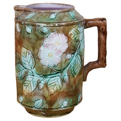 Antique Majolica French Barbotine Dog Rose Flower Blossom Water Pitcher Jug 10"