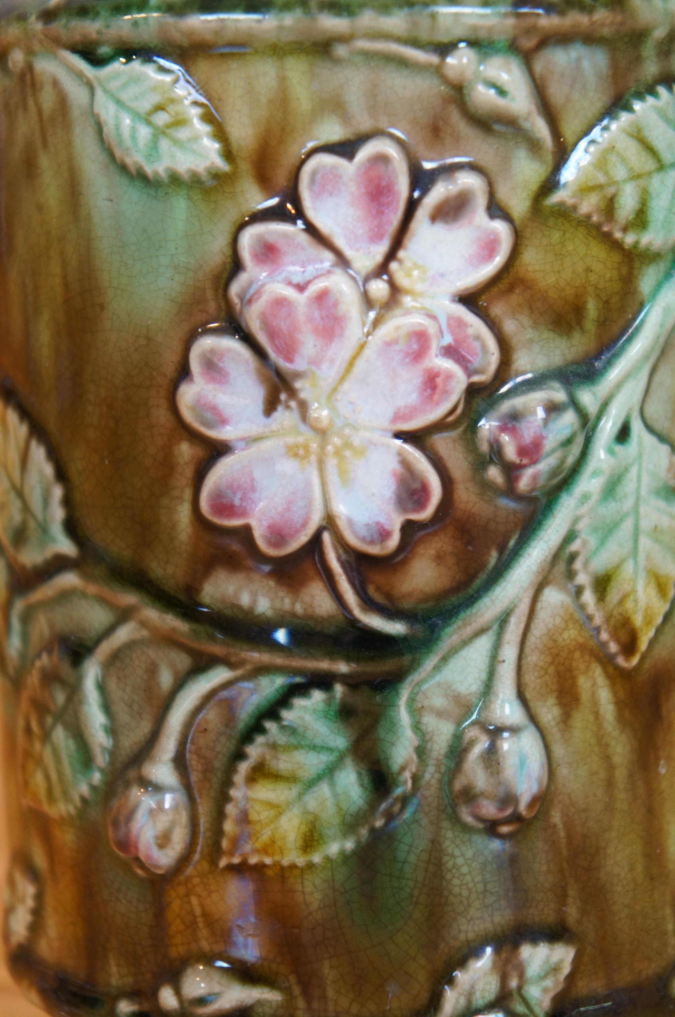 Antique Majolica French Barbotine Dog Rose Flower Blossom Water Pitcher Jug 6