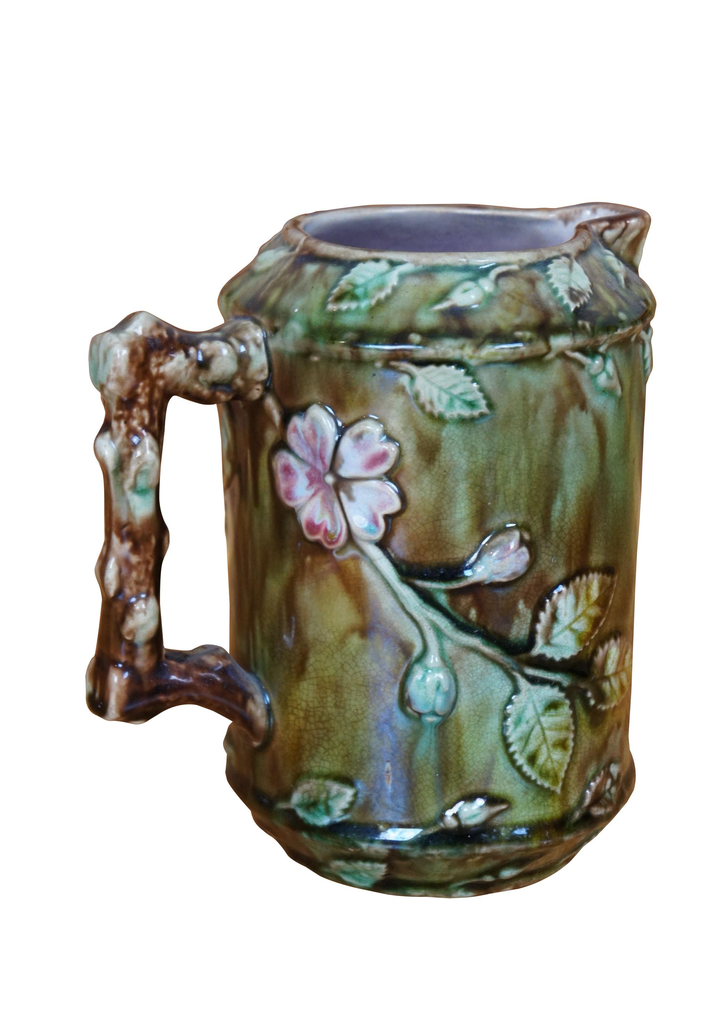 Victorian Antique Majolica French Barbotine Dog Rose Flower Blossom Water Pitcher Jug 6