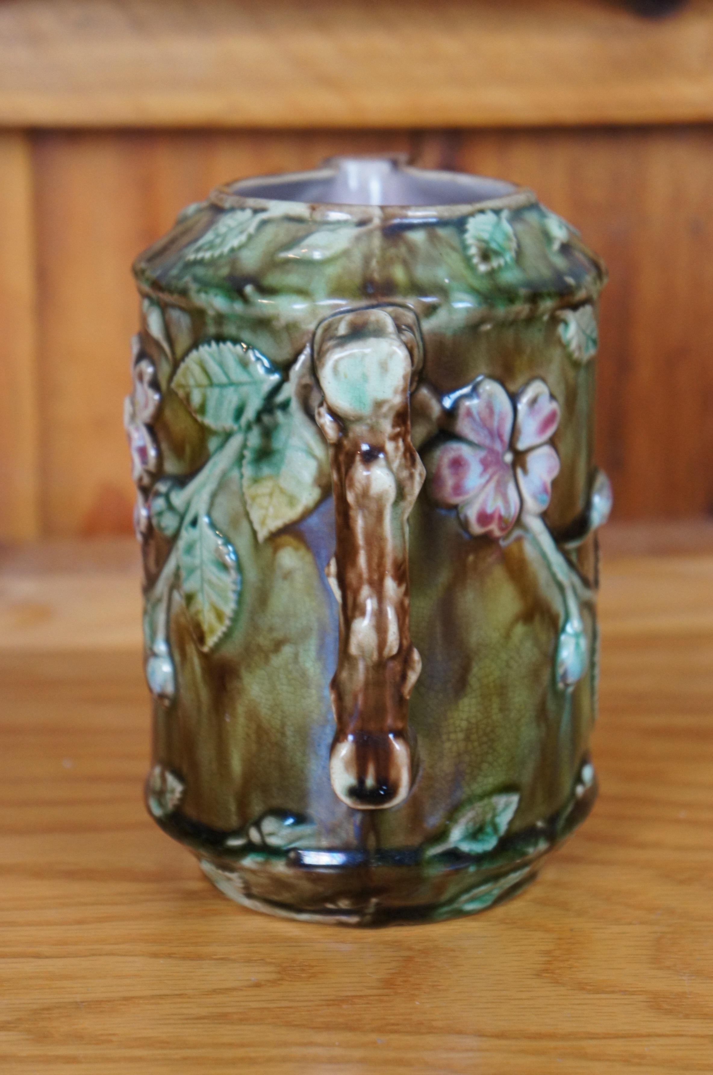 19th Century Antique Majolica French Barbotine Dog Rose Flower Blossom Water Pitcher Jug 6