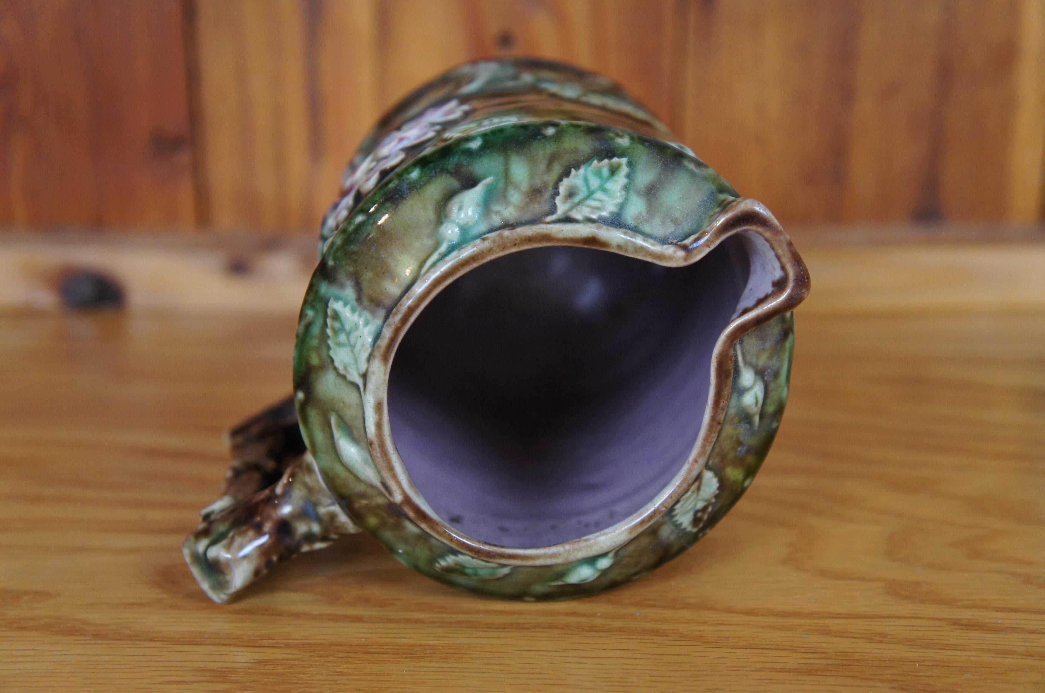 Antique Majolica French Barbotine Dog Rose Flower Blossom Water Pitcher Jug 6