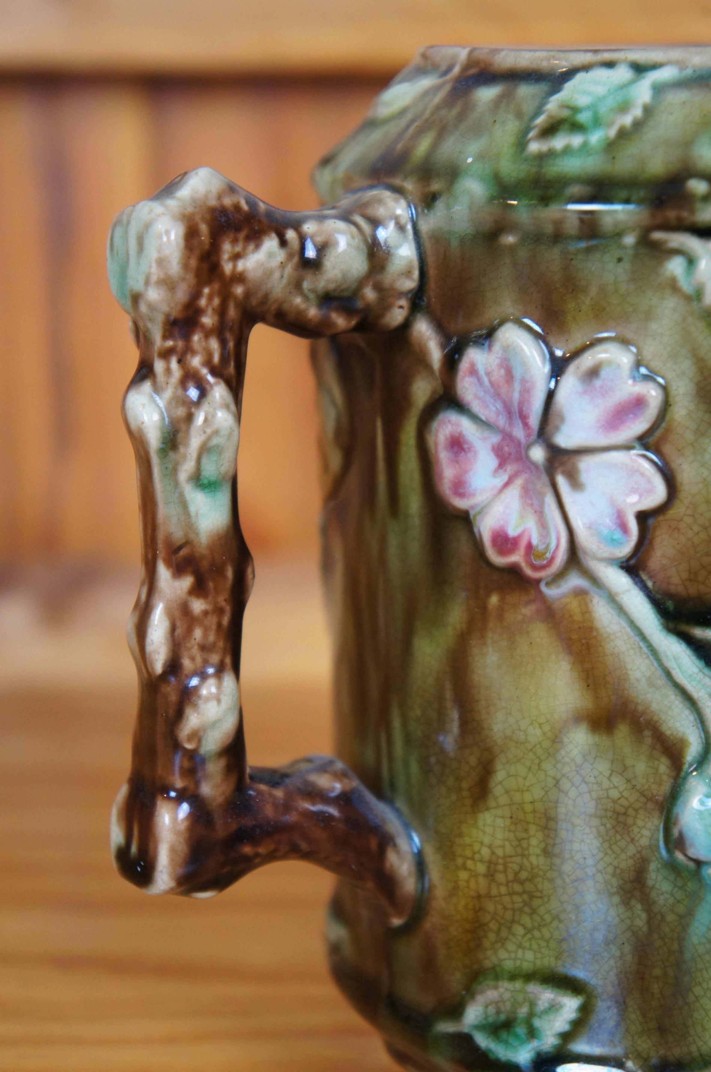 Antique Majolica French Barbotine Dog Rose Flower Blossom Water Pitcher Jug 6