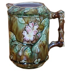 Antique French Barbotine Dog Rose Flower Blossom Water Pitcher Jug 6" (Antigua jarra de agua de barbotina francesa)