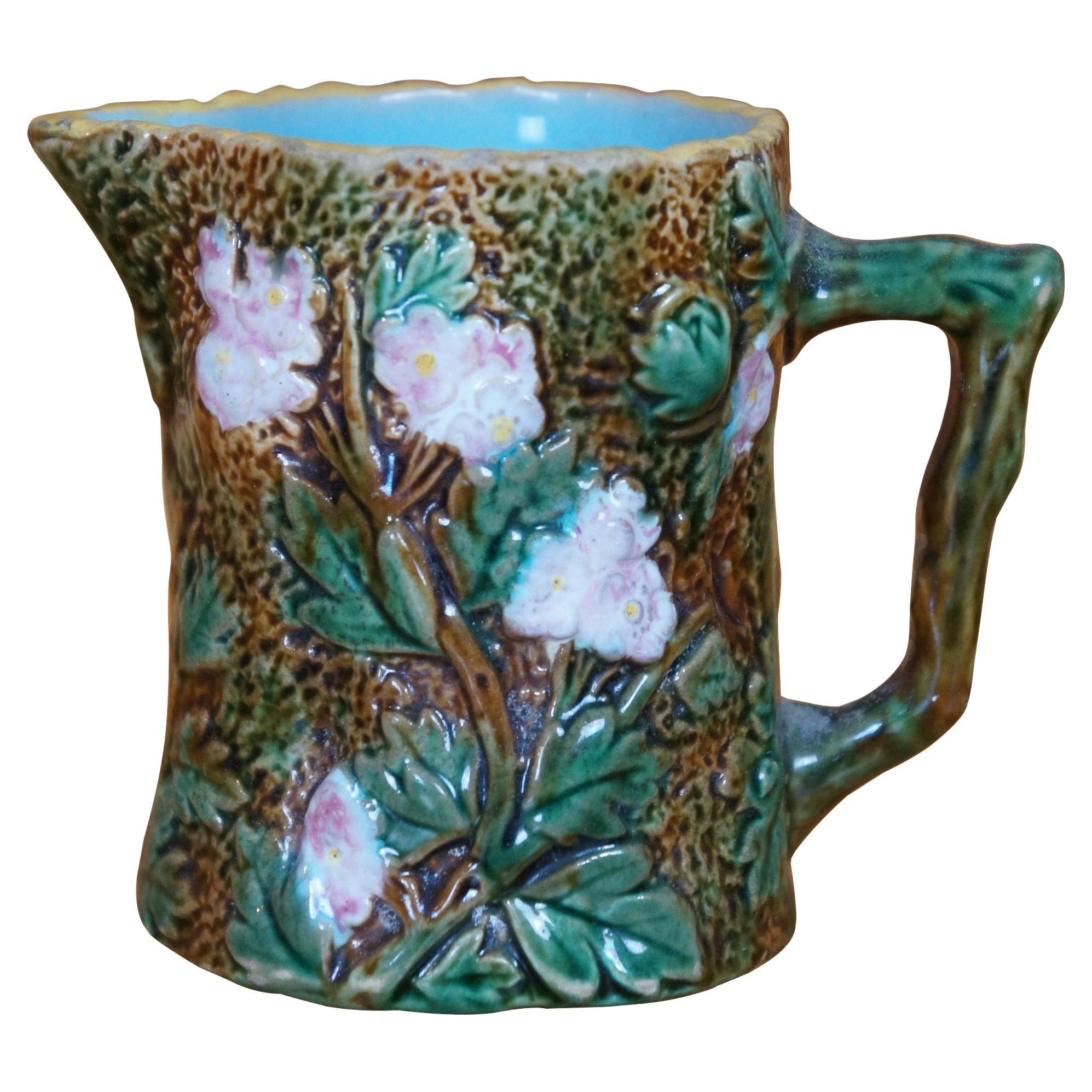 Antique Majolica George Jones Rustic Blossom Hawthorn Creamer Pitcher 4"