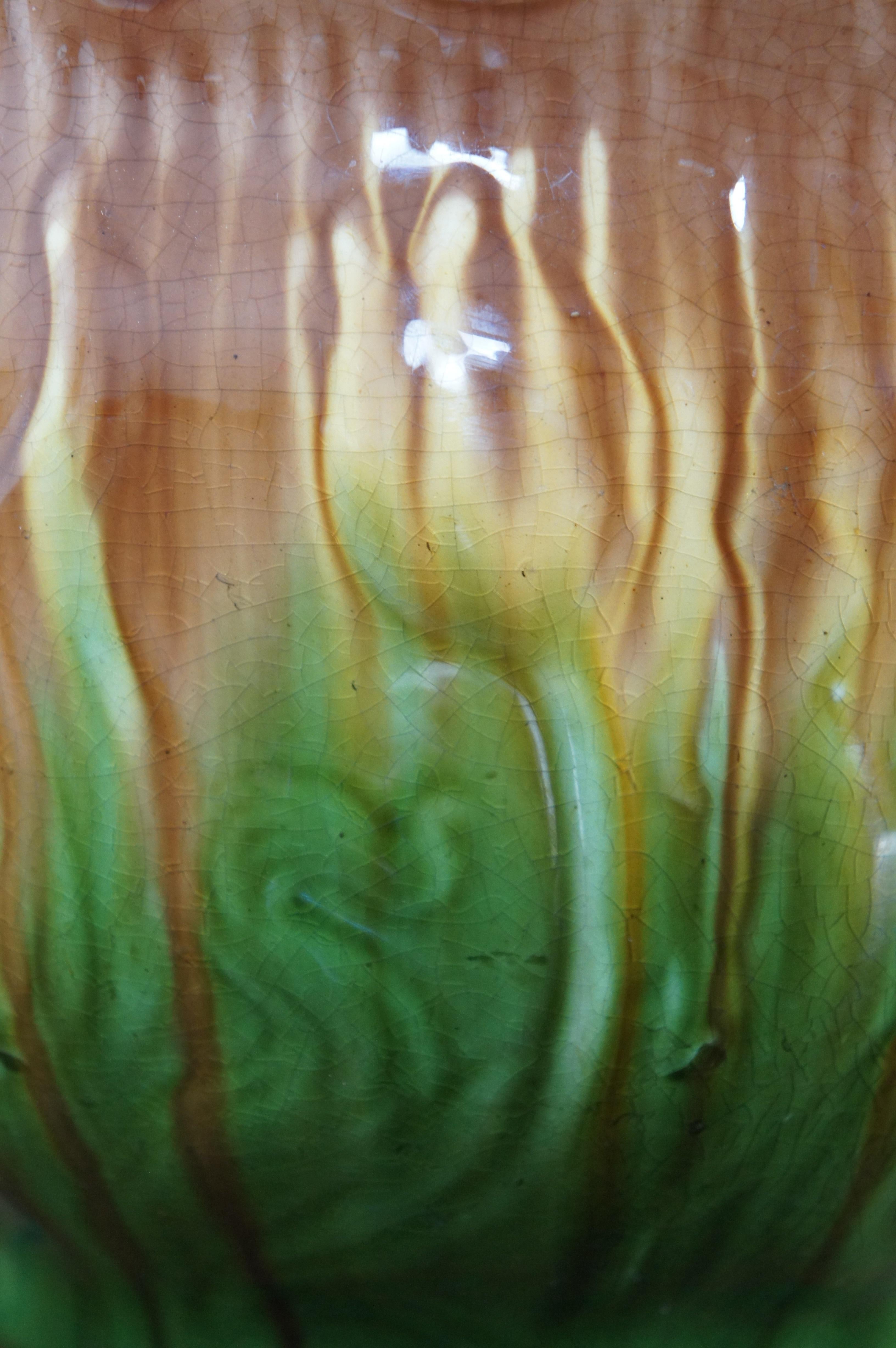 Antique Majolica Green Brown Glaze Tulip Art Pottery Planter Jardiniere 11