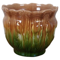 Antique Majolica Green Brown Glaze Tulip Art Pottery Planter Jardiniere 11"