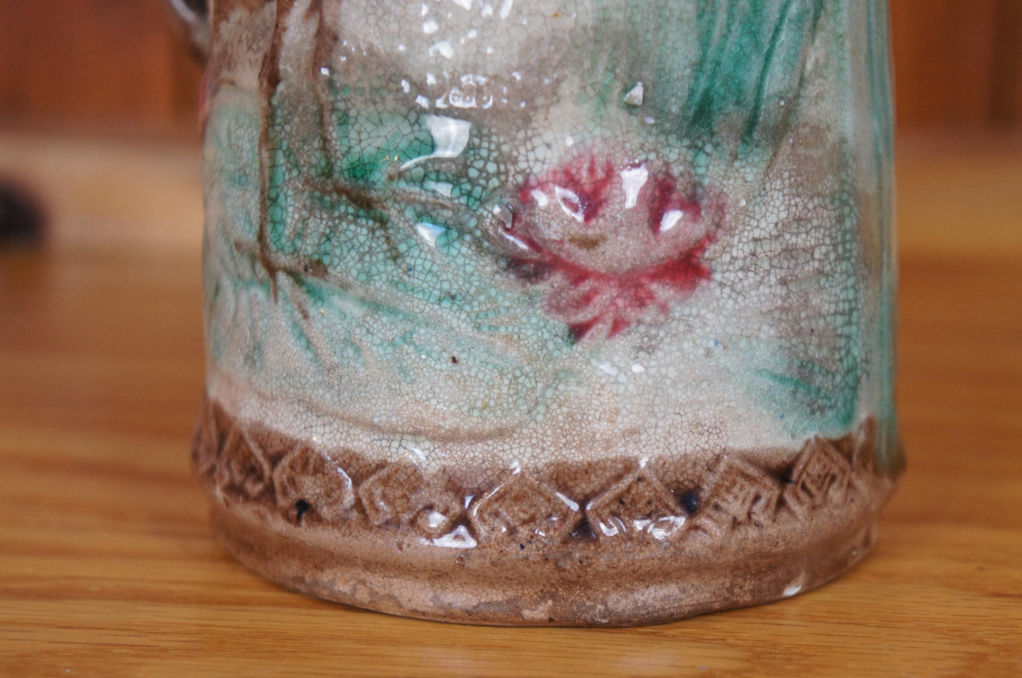 Antigua Majolica Garza Grulla Cigüeña Pájaro Nenúfar Jarra Jarra 6.5