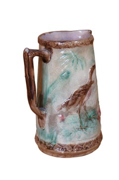 Antique Majolica Heron Crane Stork Bird Water Lily Creamer Pitcher Jug 6.5"