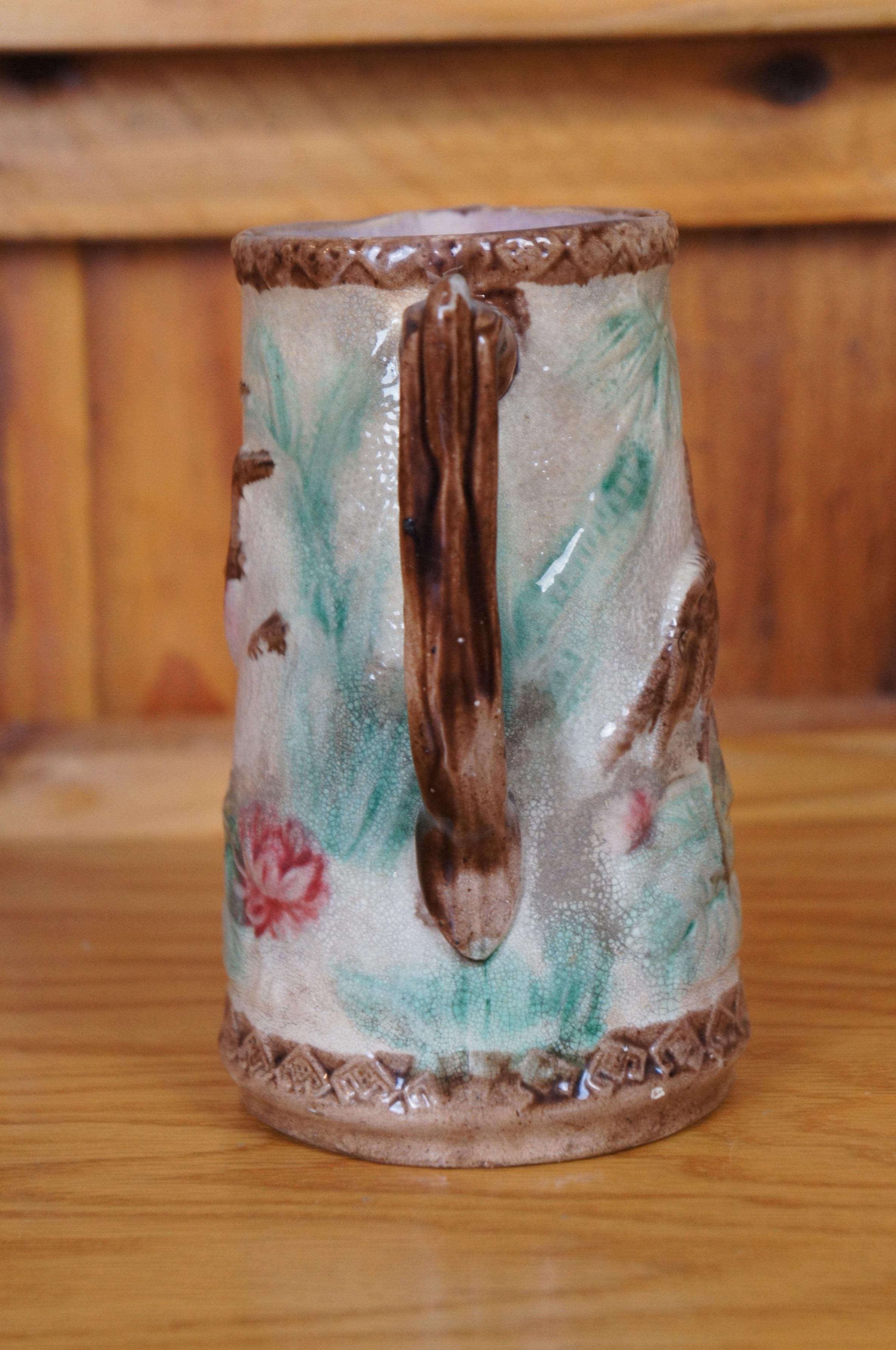 Antigua Majolica Garza Grulla Cigüeña Pájaro Nenúfar Jarra Jarra 6.5