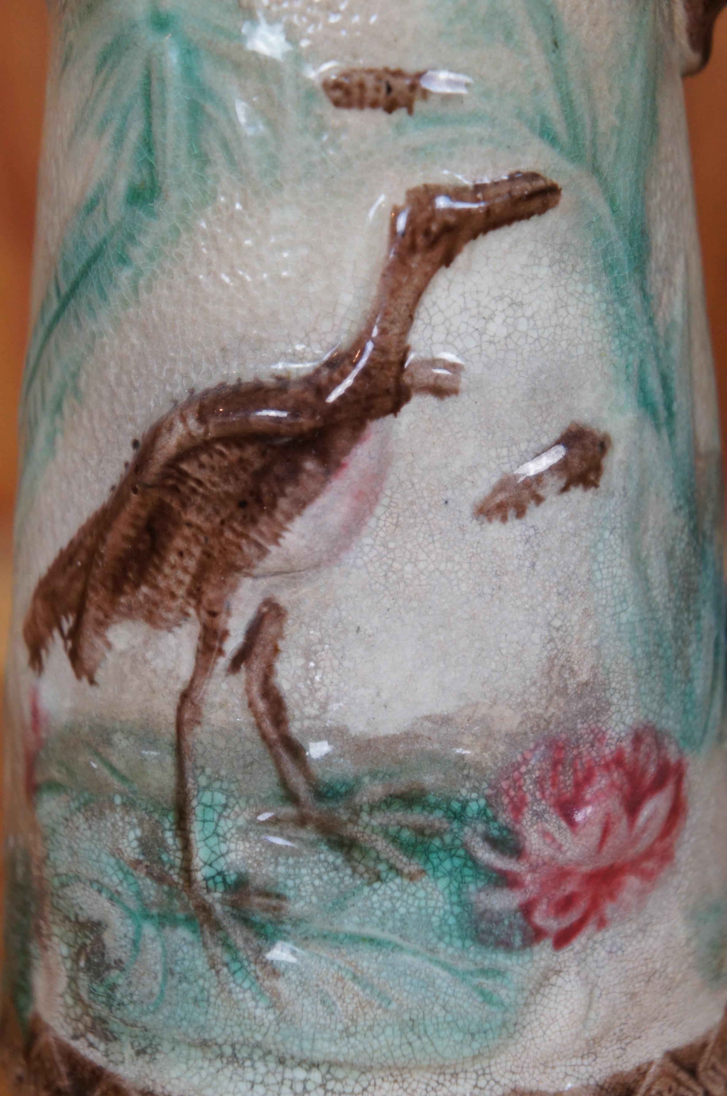 Antigua Majolica Garza Grulla Cigüeña Pájaro Nenúfar Jarra Jarra 6.5