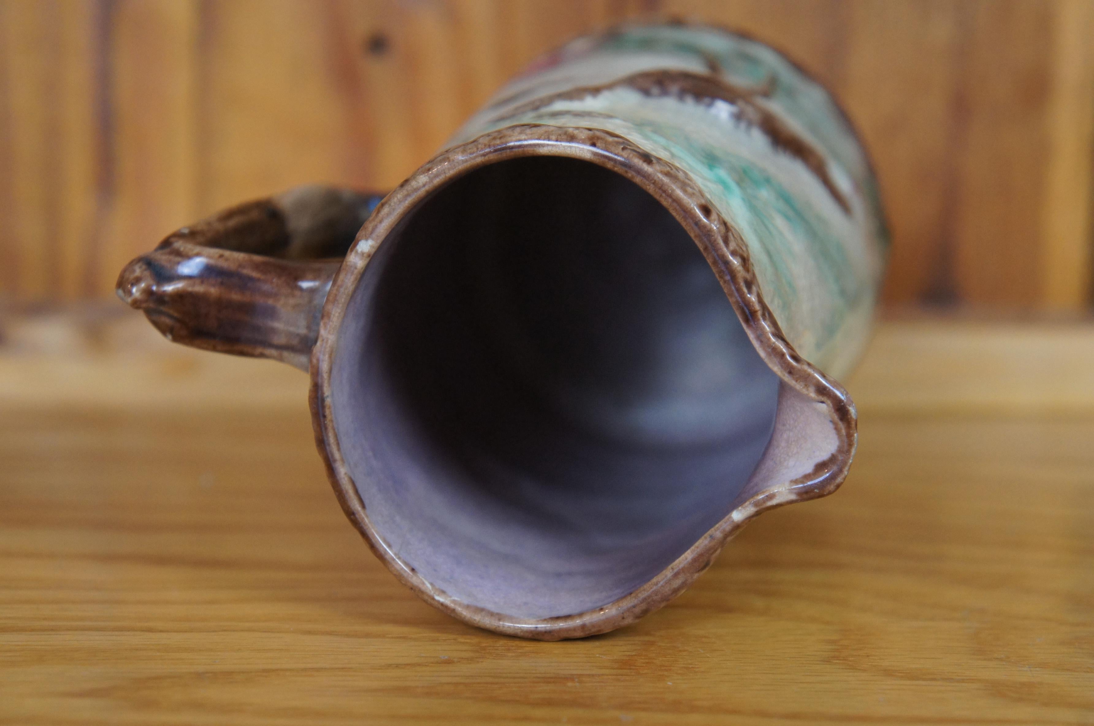 Antigua Majolica Garza Grulla Cigüeña Pájaro Nenúfar Jarra Jarra 6.5