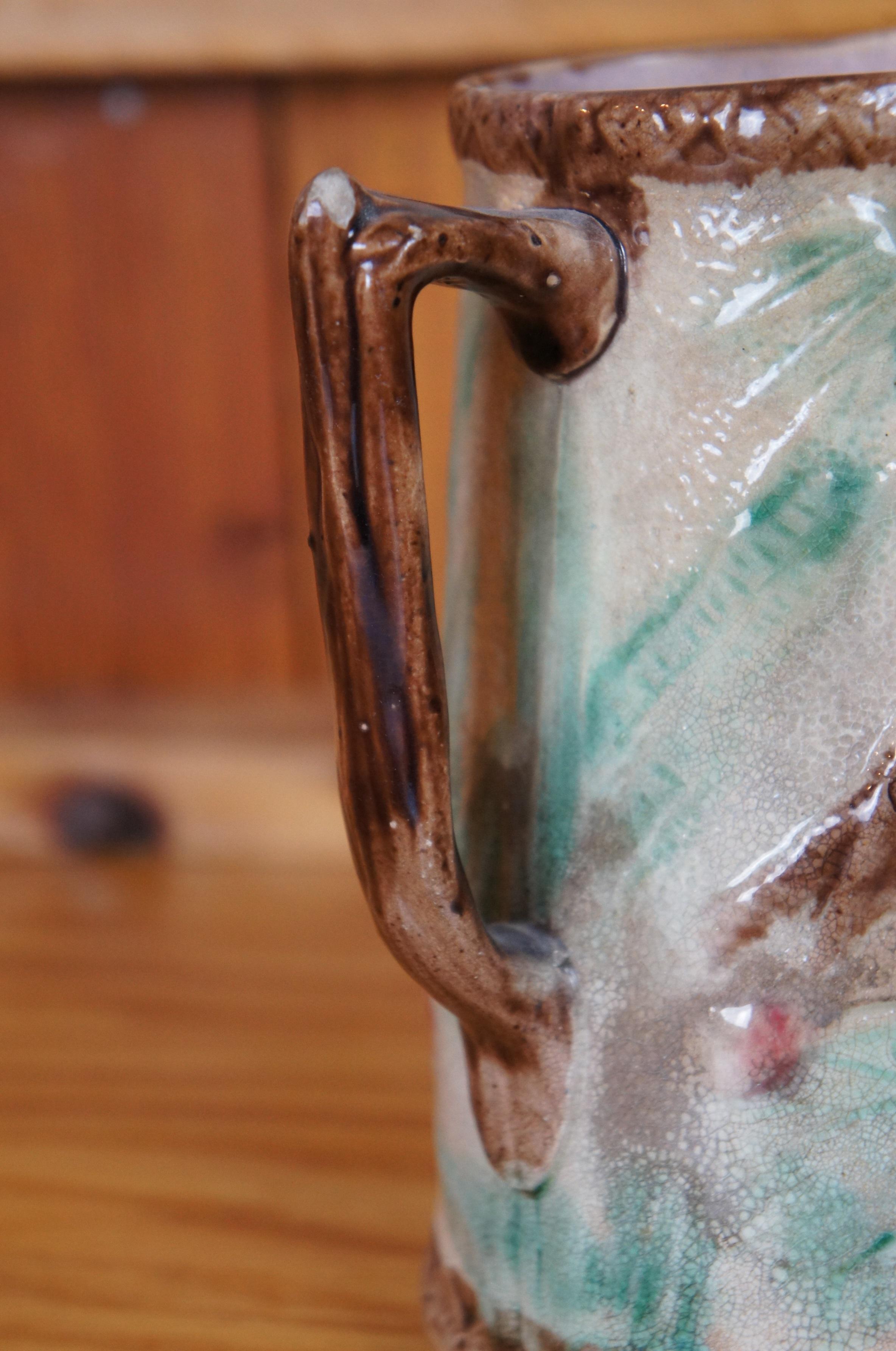 Antigua Majolica Garza Grulla Cigüeña Pájaro Nenúfar Jarra Jarra 6.5