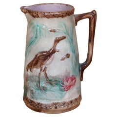 Antique Majolica Heron Crane Stork Bird Water Lily Creamer Pitcher Jug 6.5"
