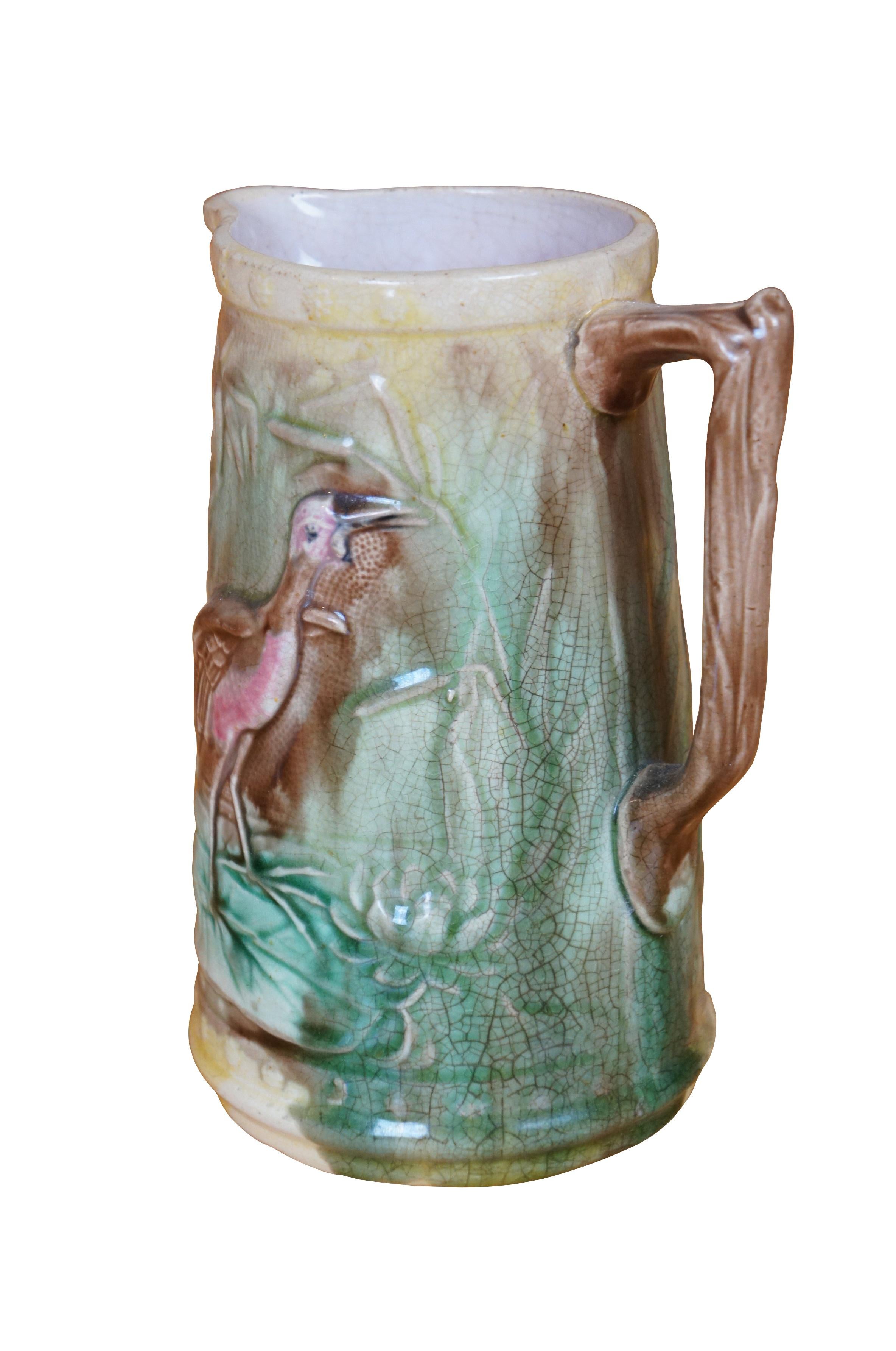 Victorian Antique Majolica Heron Crane Stork Bird Water Lily Creamer Pitcher Jug 7