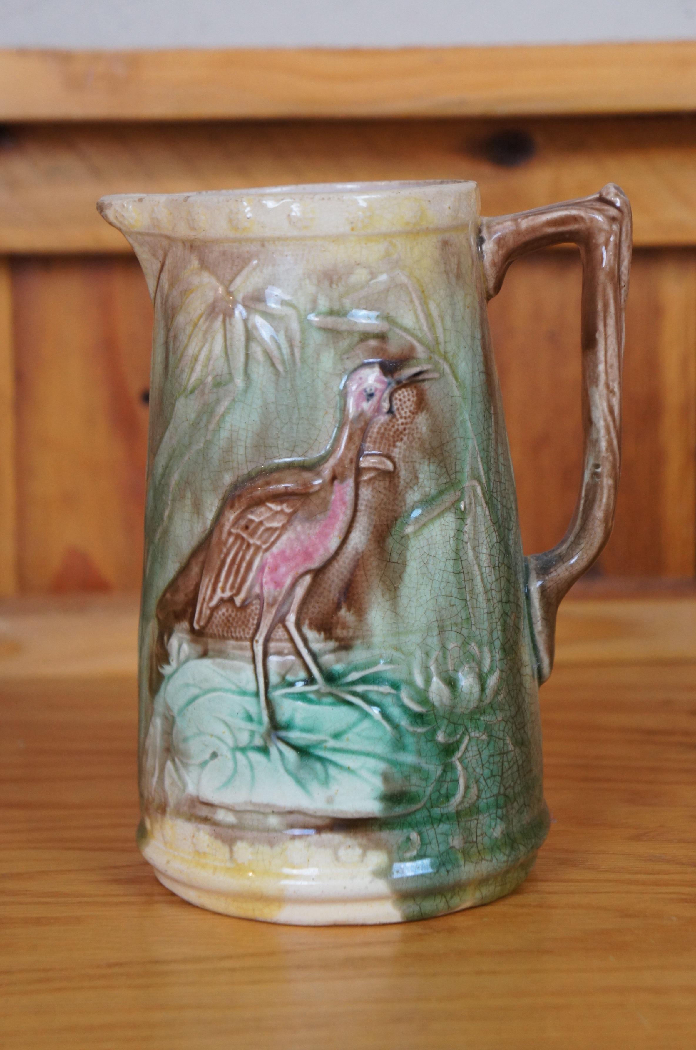 Antique Majolica Heron Crane Stork Bird Water Lily Creamer Pitcher Jug 7