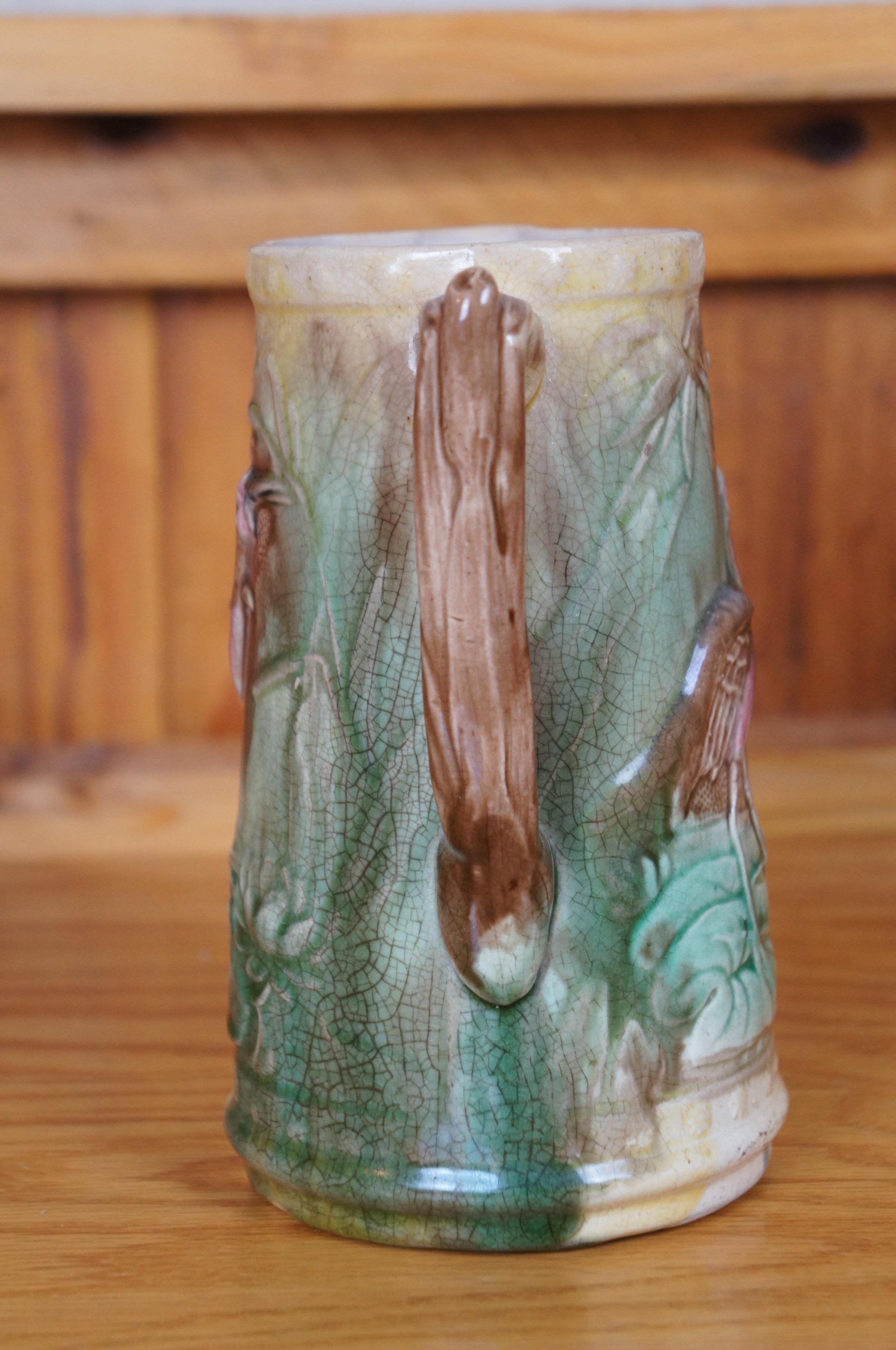 19th Century Antique Majolica Heron Crane Stork Bird Water Lily Creamer Pitcher Jug 7