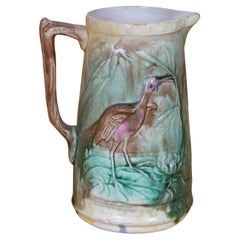 Antigua Majolica Garza Grulla Cigüeña Pájaro Nenúfar Jarra Jarra 7"