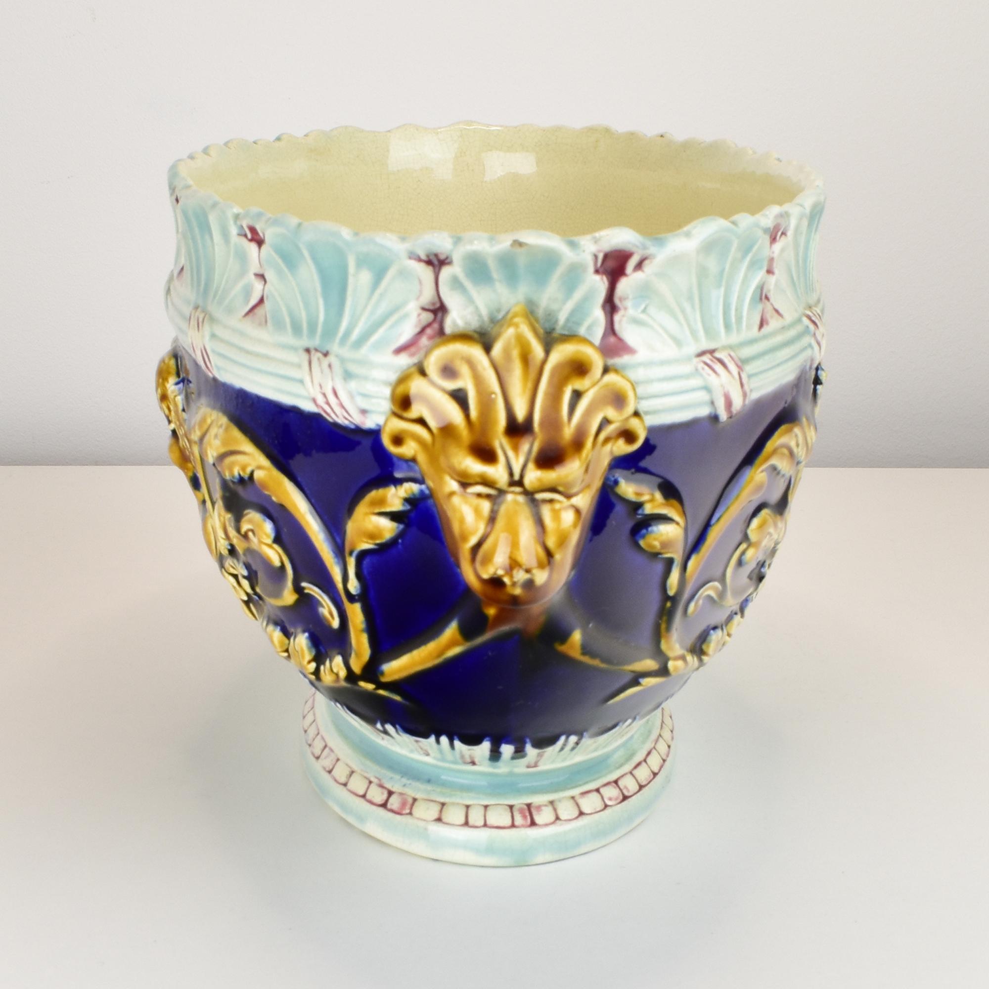 Antique Majolica Jardinière by Gustave de Bruyn Fives Lille Cherubs Lions Cobalt For Sale 2