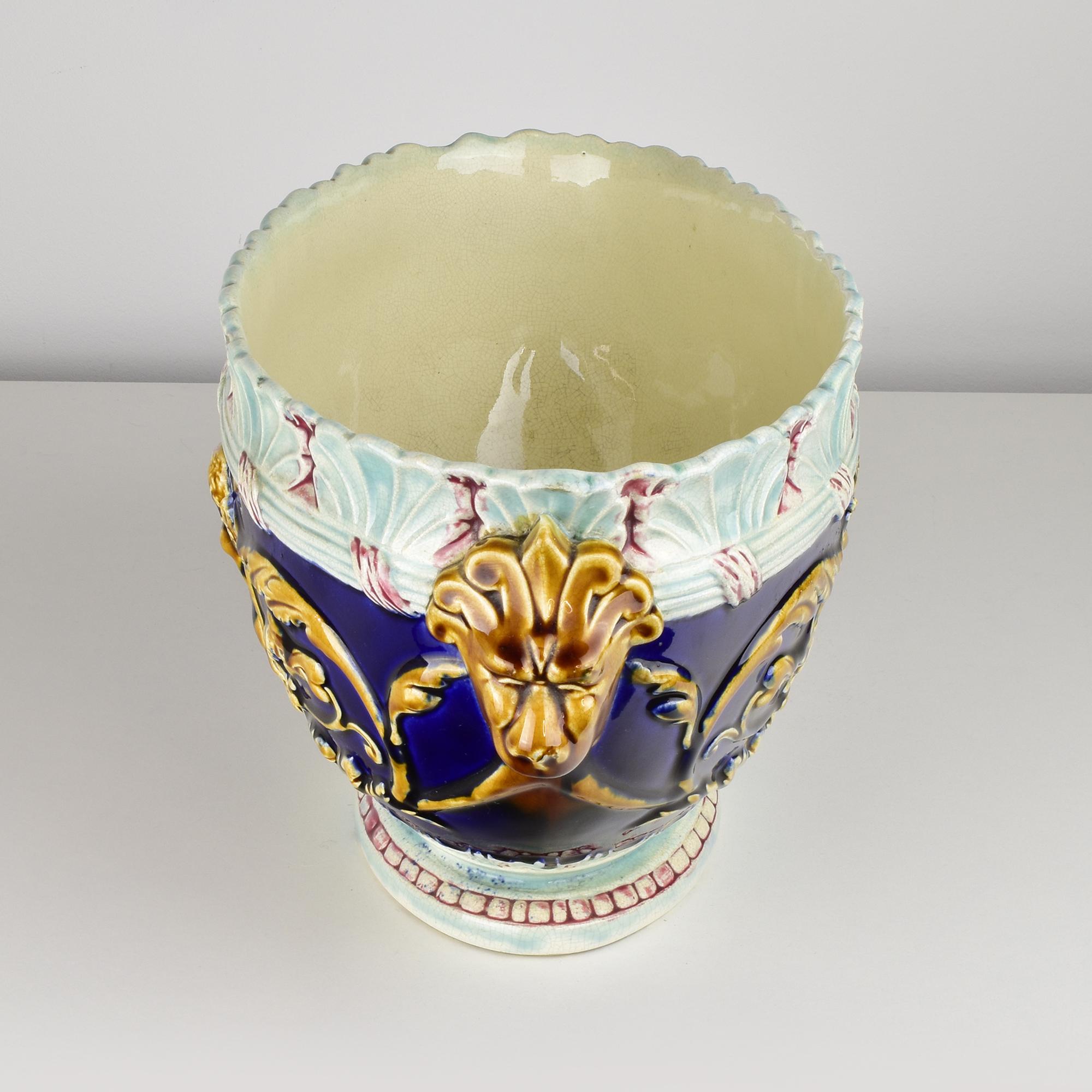 Renaissance Revival Antique Majolica Jardinière by Gustave de Bruyn Fives Lille Cherubs Lions Cobalt For Sale