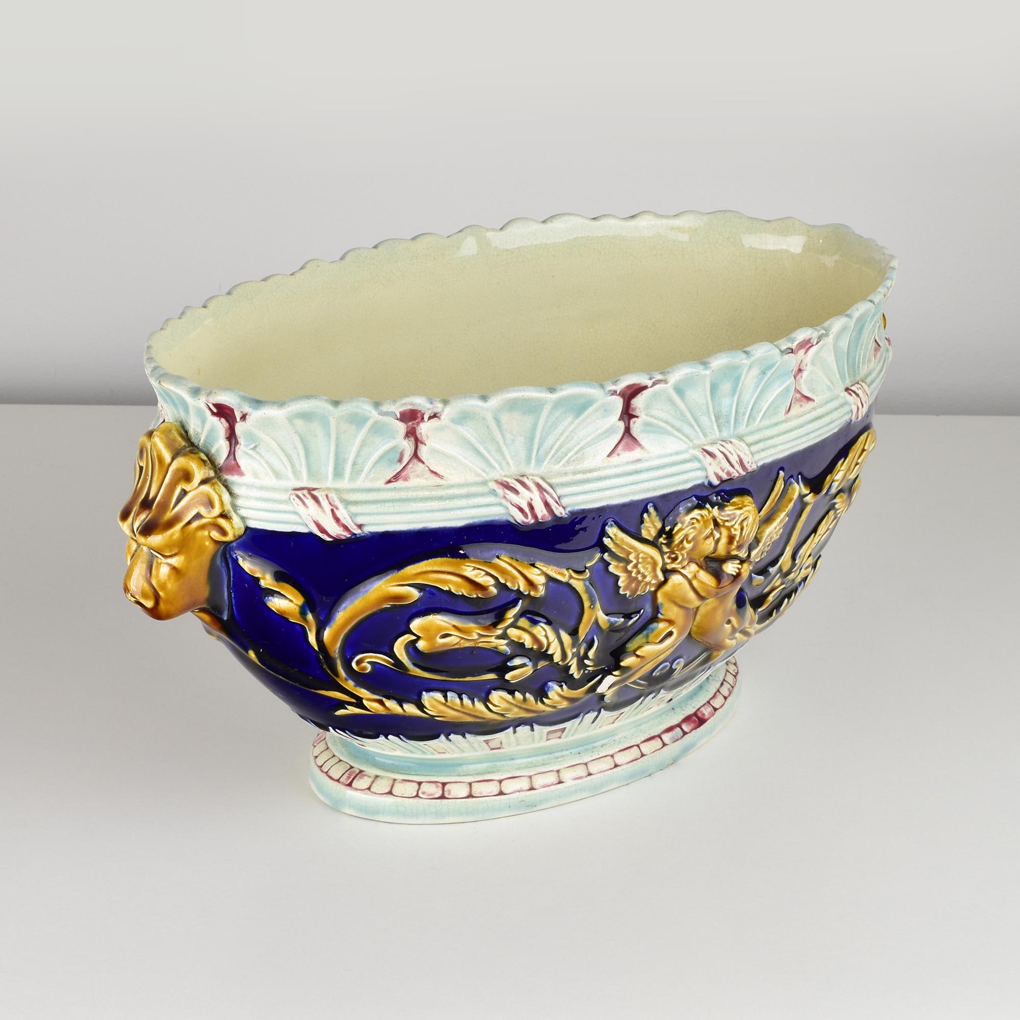 French Antique Majolica Jardinière by Gustave de Bruyn Fives Lille Cherubs Lions Cobalt For Sale