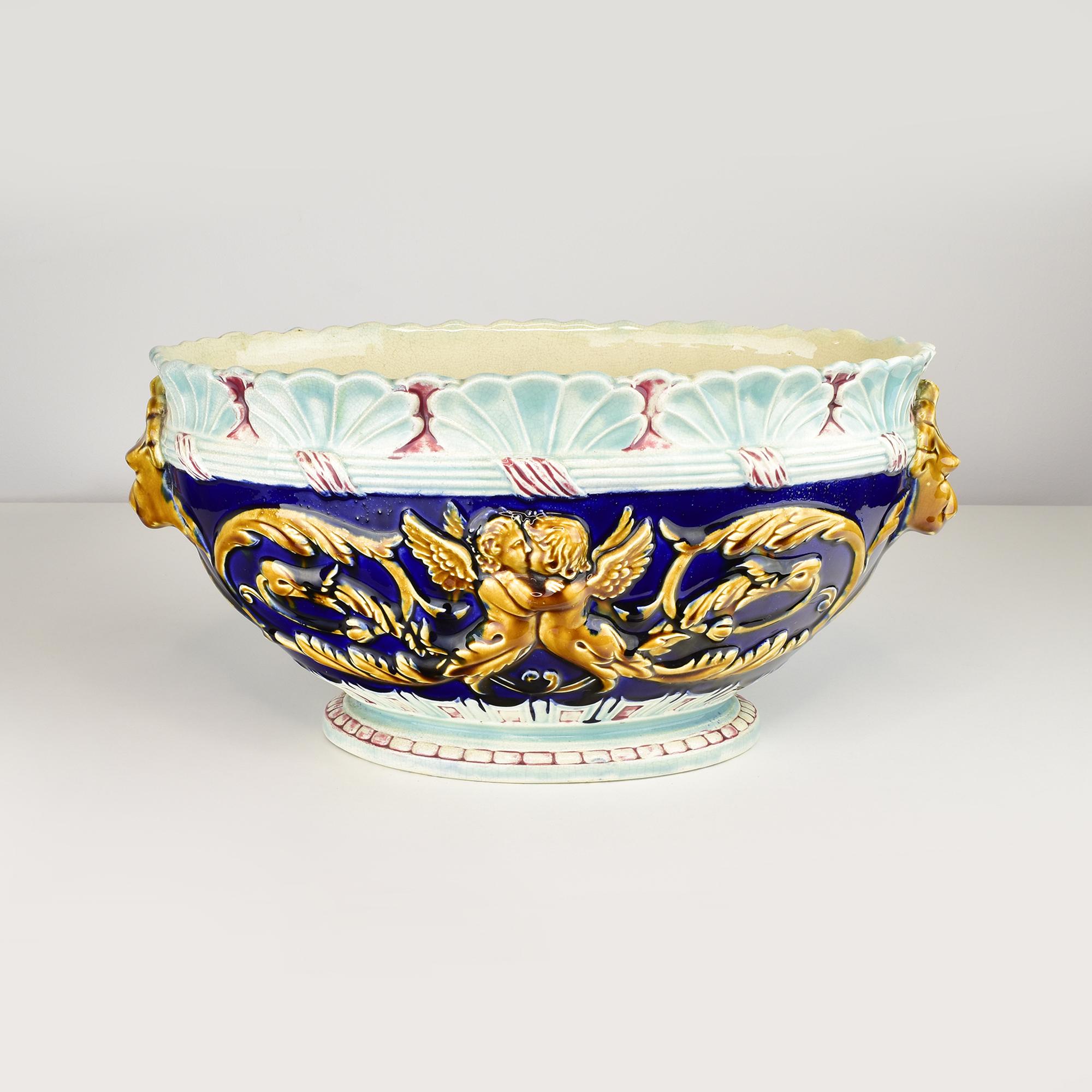 Early 20th Century Antique Majolica Jardinière by Gustave de Bruyn Fives Lille Cherubs Lions Cobalt For Sale
