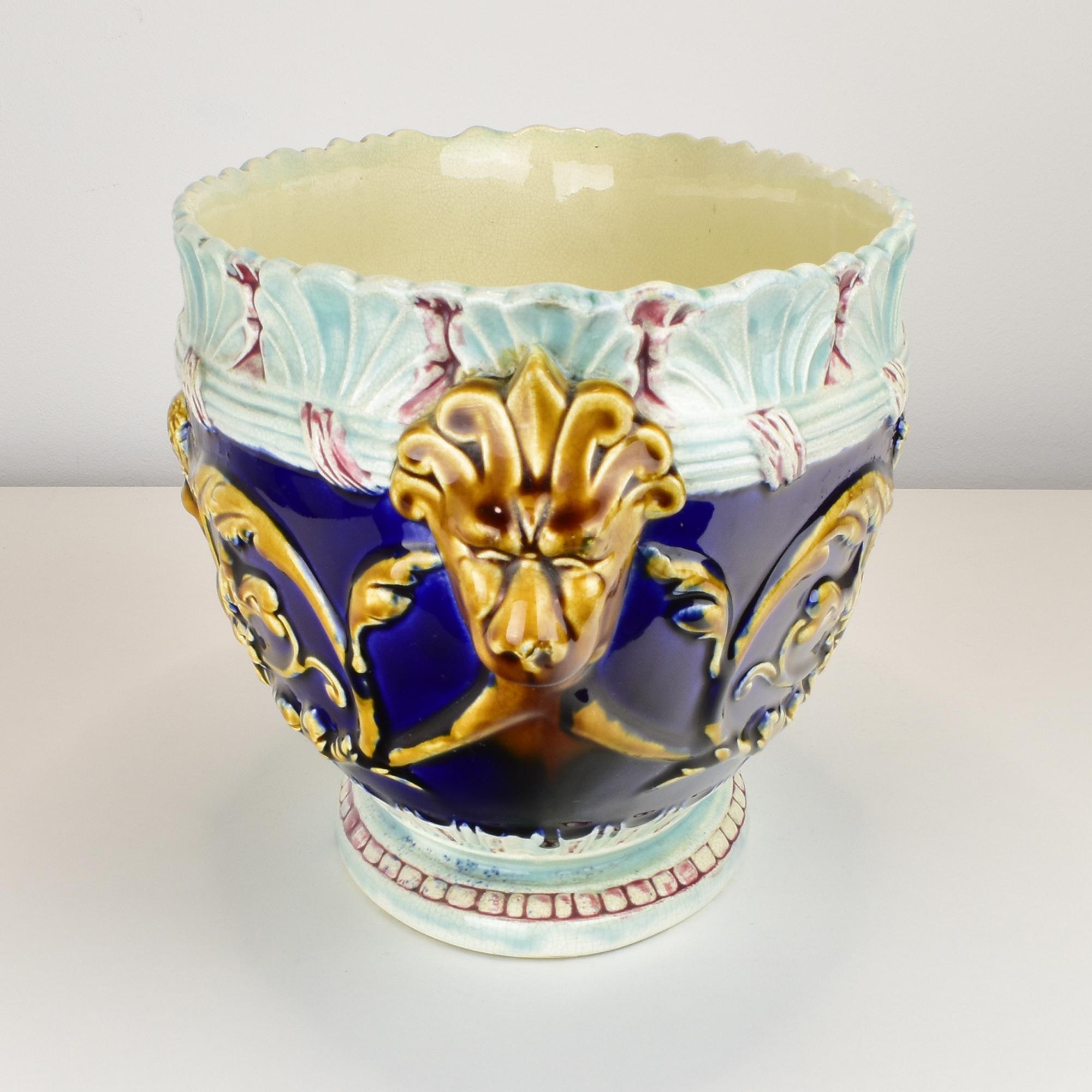 Ceramic Antique Majolica Jardinière by Gustave de Bruyn Fives Lille Cherubs Lions Cobalt For Sale
