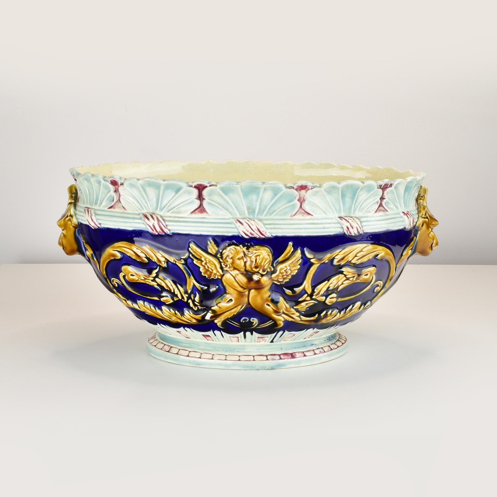 Antique Majolica Jardinière by Gustave de Bruyn Fives Lille Cherubs Lions Cobalt For Sale 1