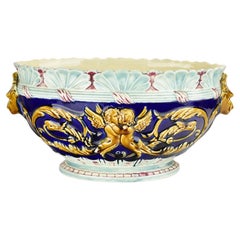 Antique Majolica Jardinière by Gustave de Bruyn Fives Lille Cherubs Lions Cobalt