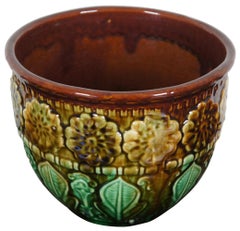 Antique Majolica Jardinière Planter Cachepot Pot Floral Marigolds