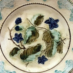 Antique Majolica Leaves and Blue Flowers Plate, circa 1890