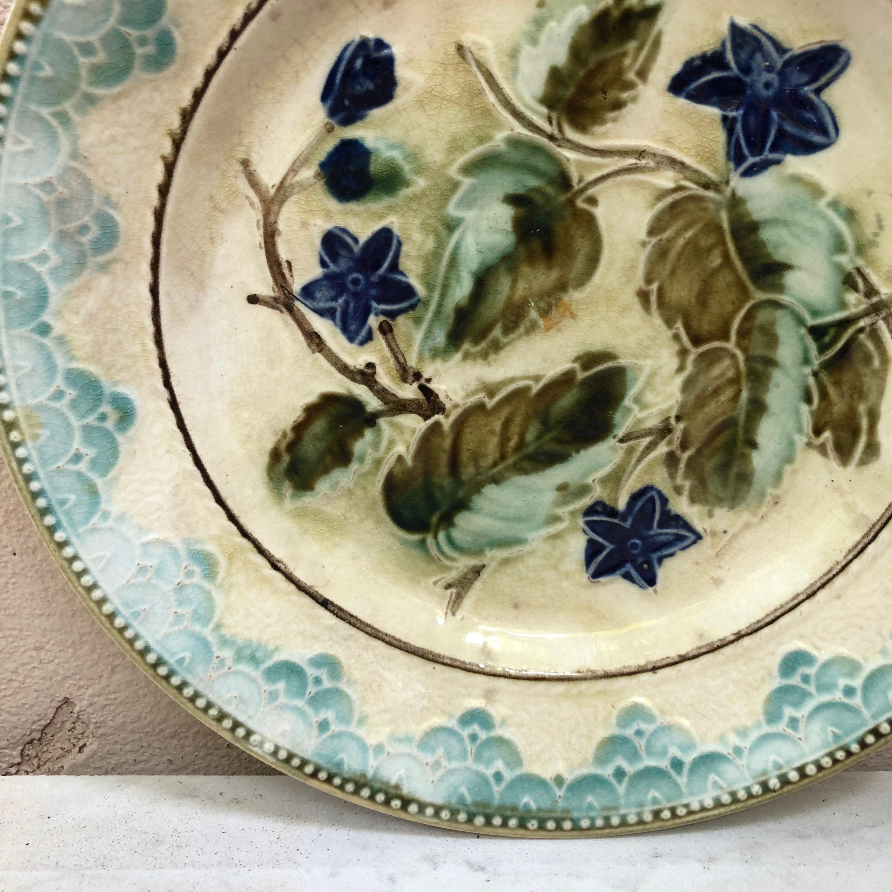 Country Antique Majolica Leaves and Blue Flowers Plate, circa 1890