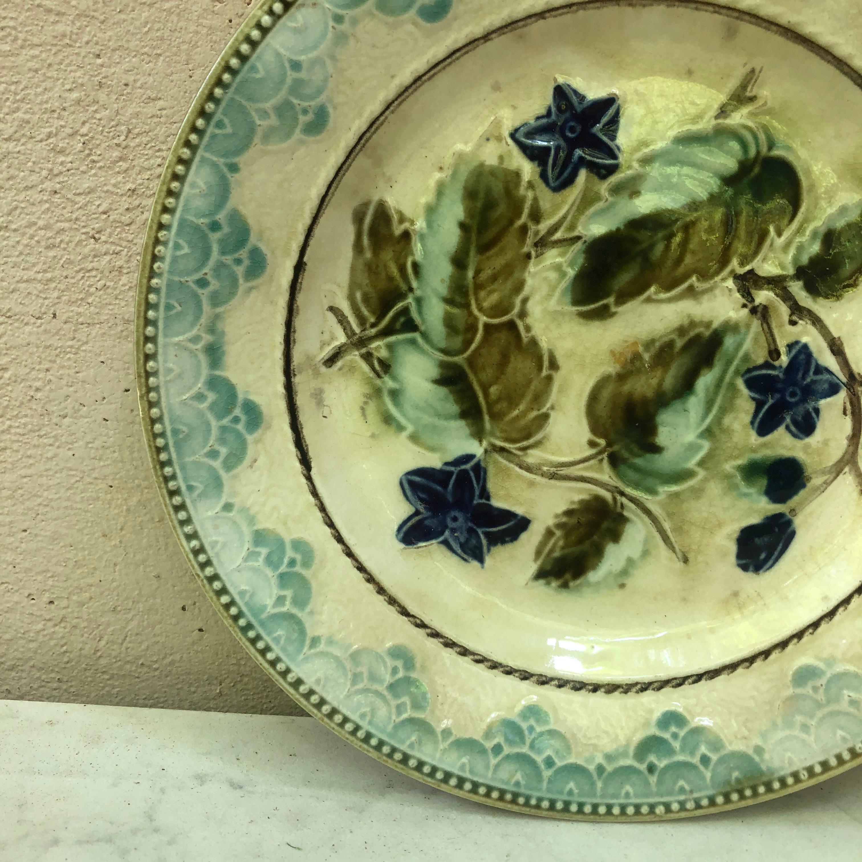 French Antique Majolica Leaves and Blue Flowers Plate, circa 1890