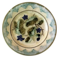 Antique Majolica Leaves and Blue Flowers Plate, circa 1890