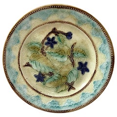 Antique Majolica Leaves and Blue Flowers Plate, circa 1890