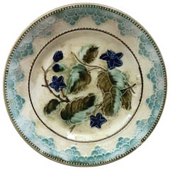 Antique Majolica Leaves and Blue Flowers Plate, circa 1890