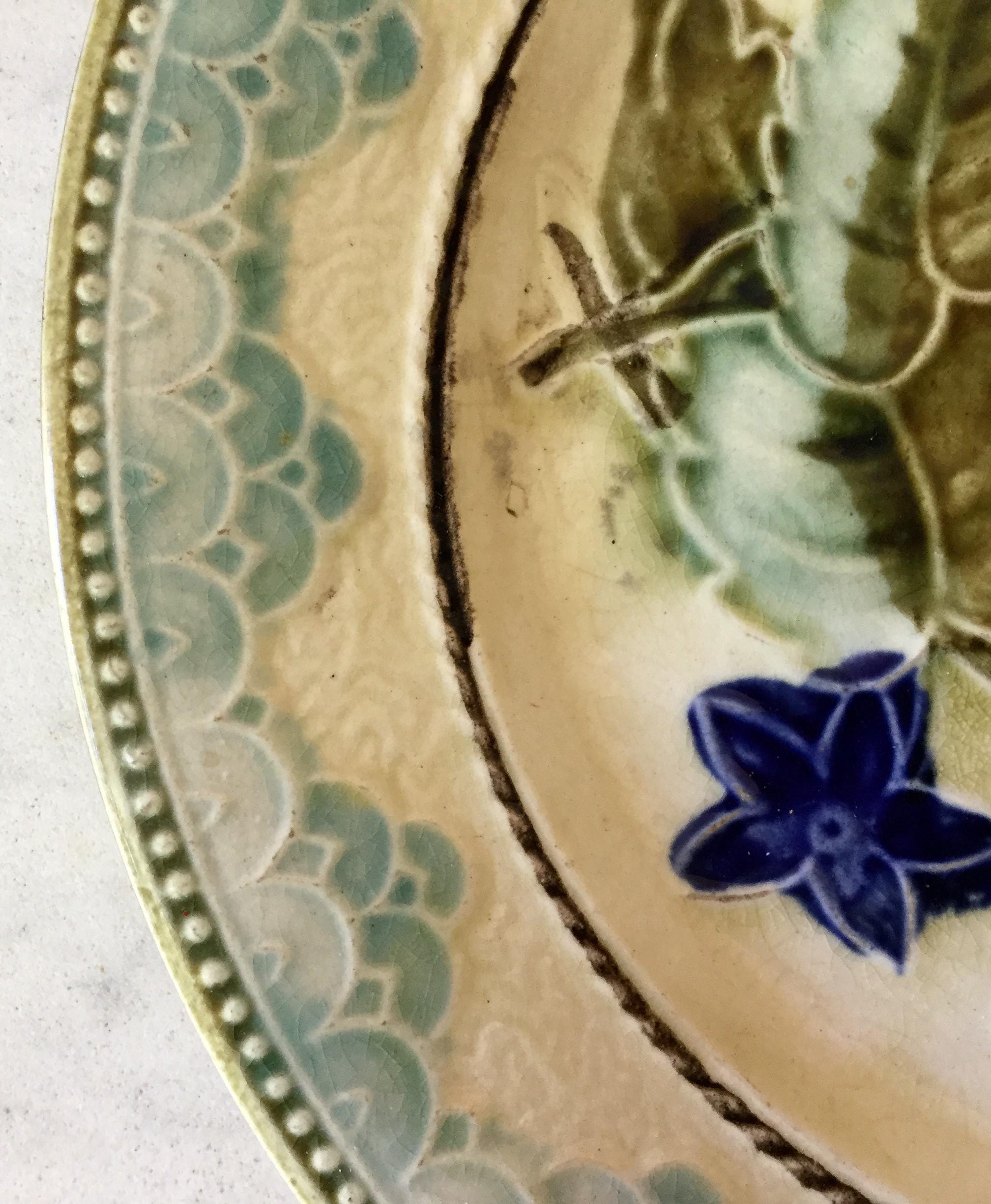 French Antique Majolica Leaves and Blue Flowers Plate, circa 1890