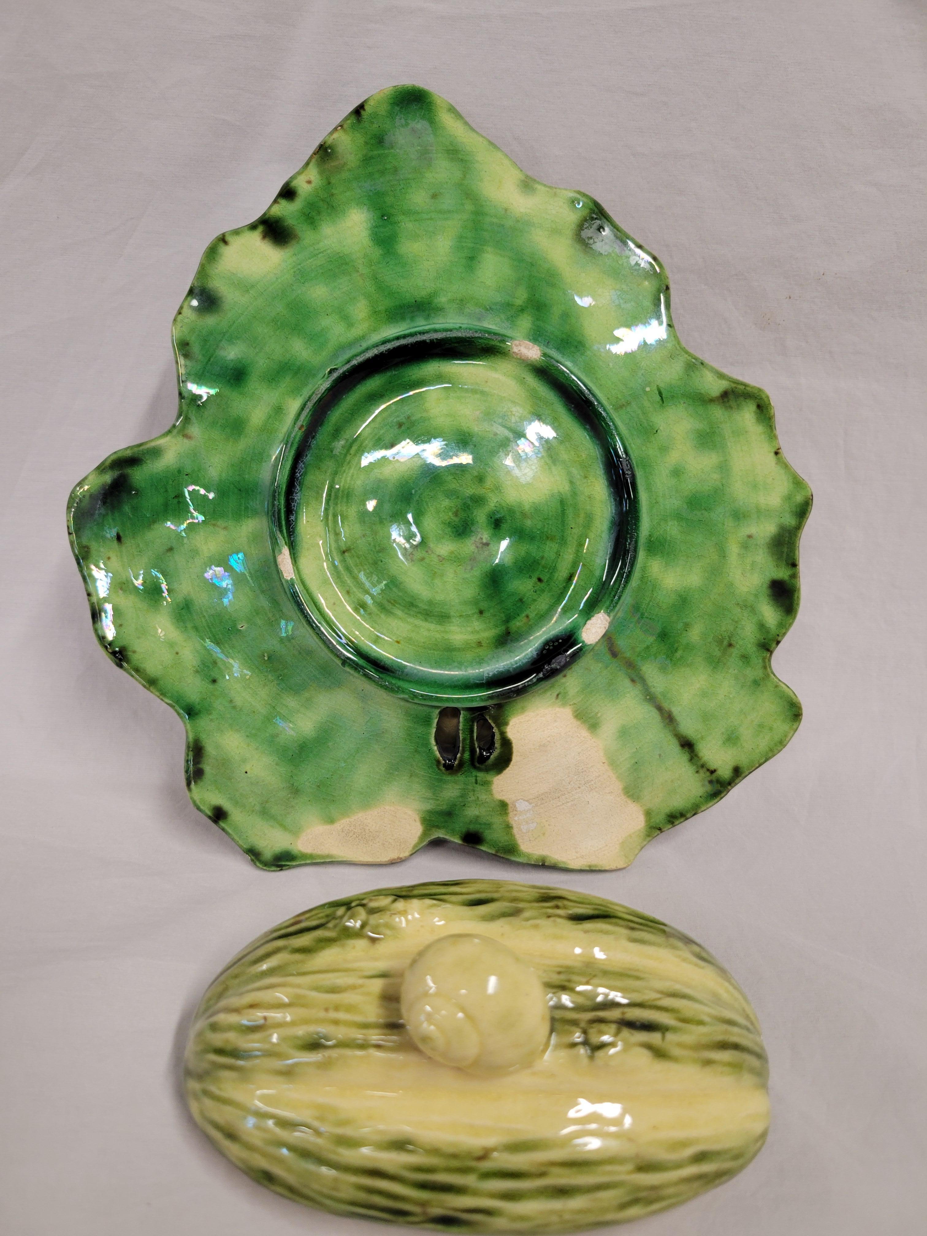 Antique Majolica Melon on Leaf Dish in the Style of Sarreguemines For Sale 5