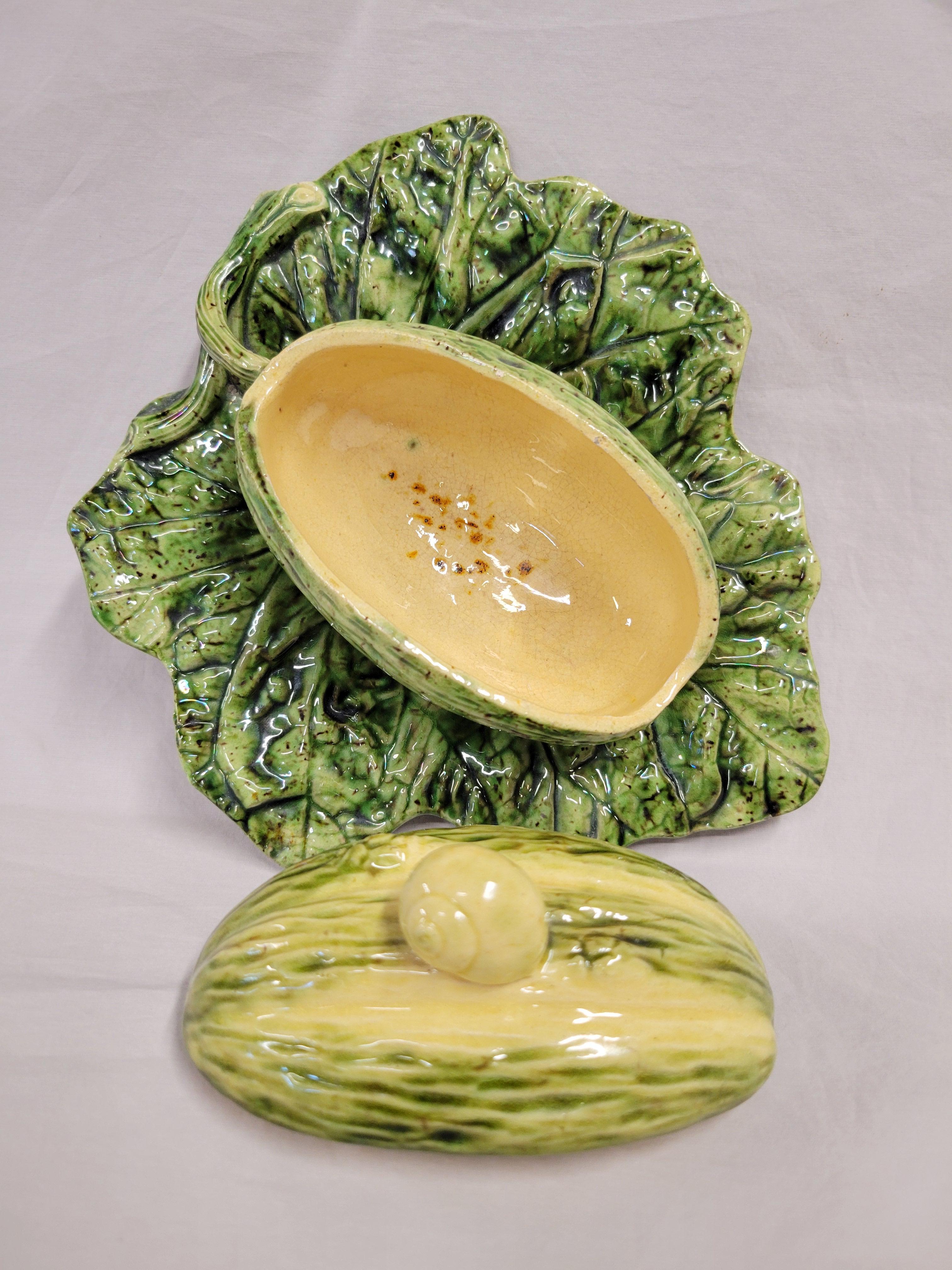 Art Nouveau Antique Majolica Melon on Leaf Dish in the Style of Sarreguemines For Sale