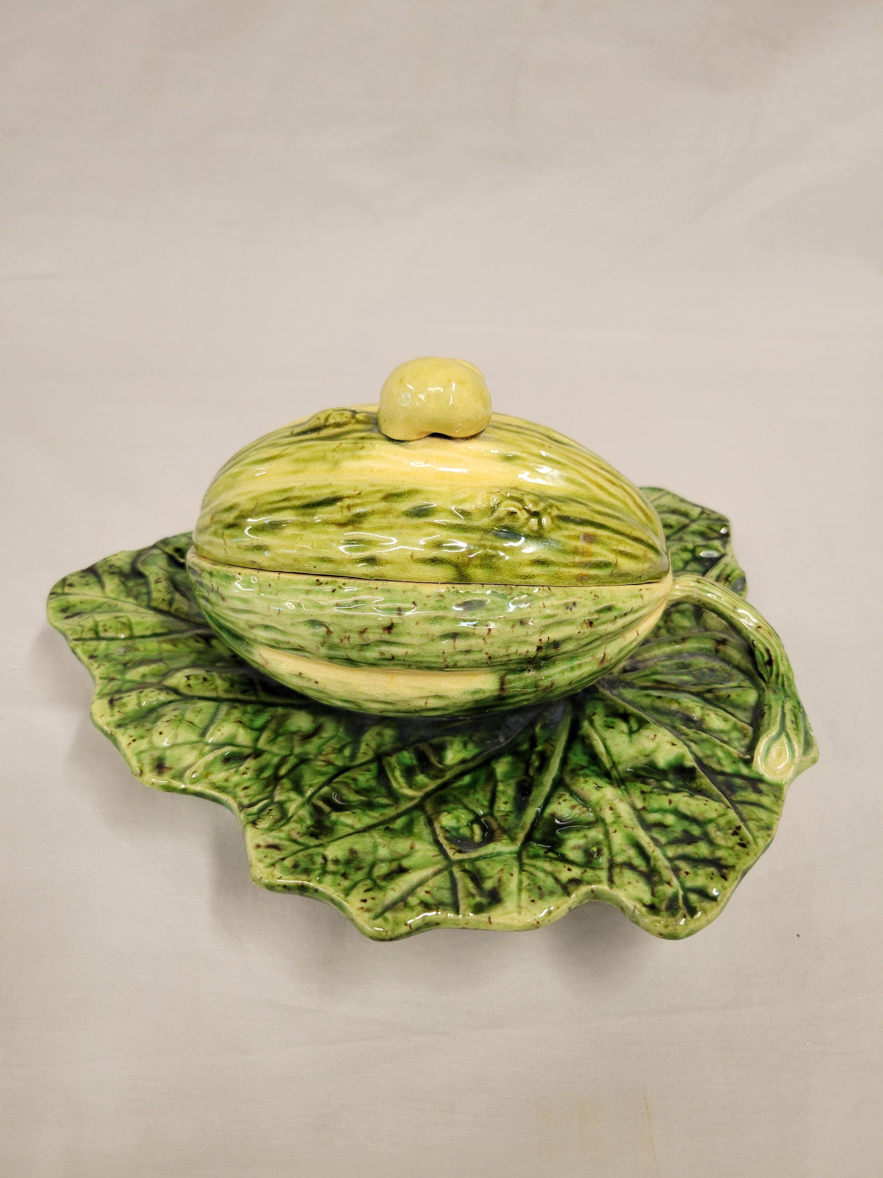 French Antique Majolica Melon on Leaf Dish in the Style of Sarreguemines For Sale
