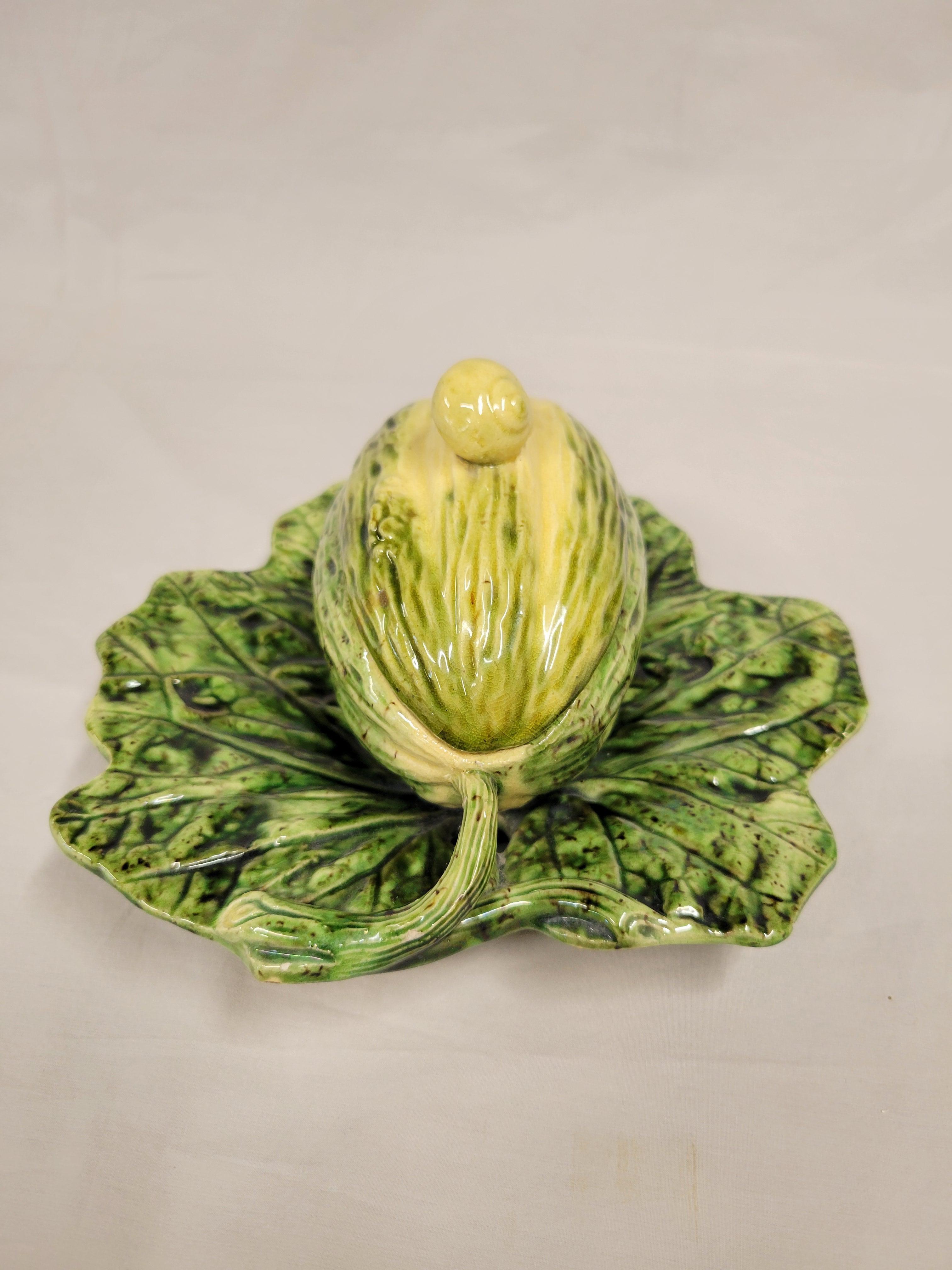 Antique Majolica Melon on Leaf Dish in the Style of Sarreguemines In Good Condition For Sale In Centennial, CO