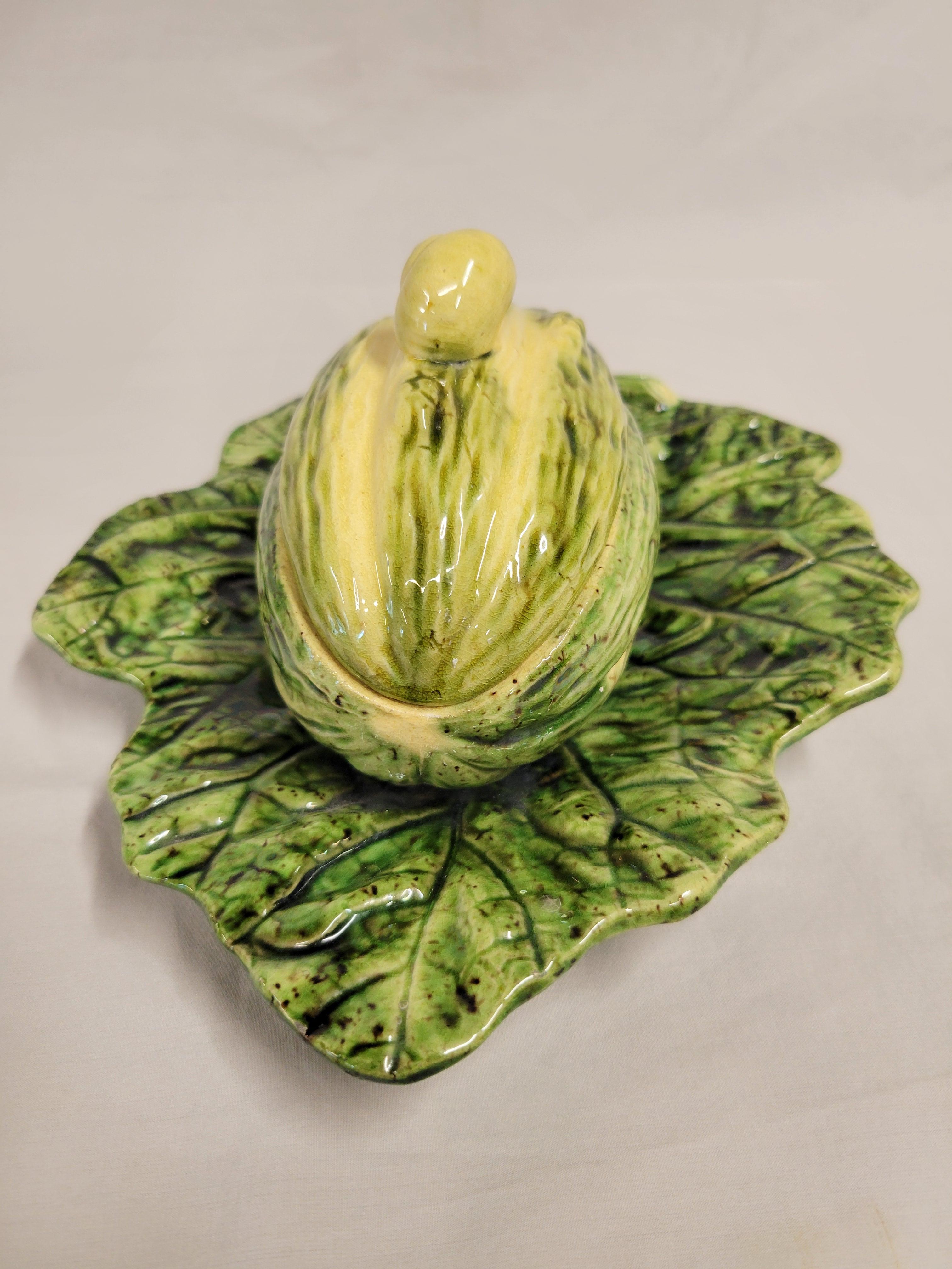 Early 20th Century Antique Majolica Melon on Leaf Dish in the Style of Sarreguemines For Sale