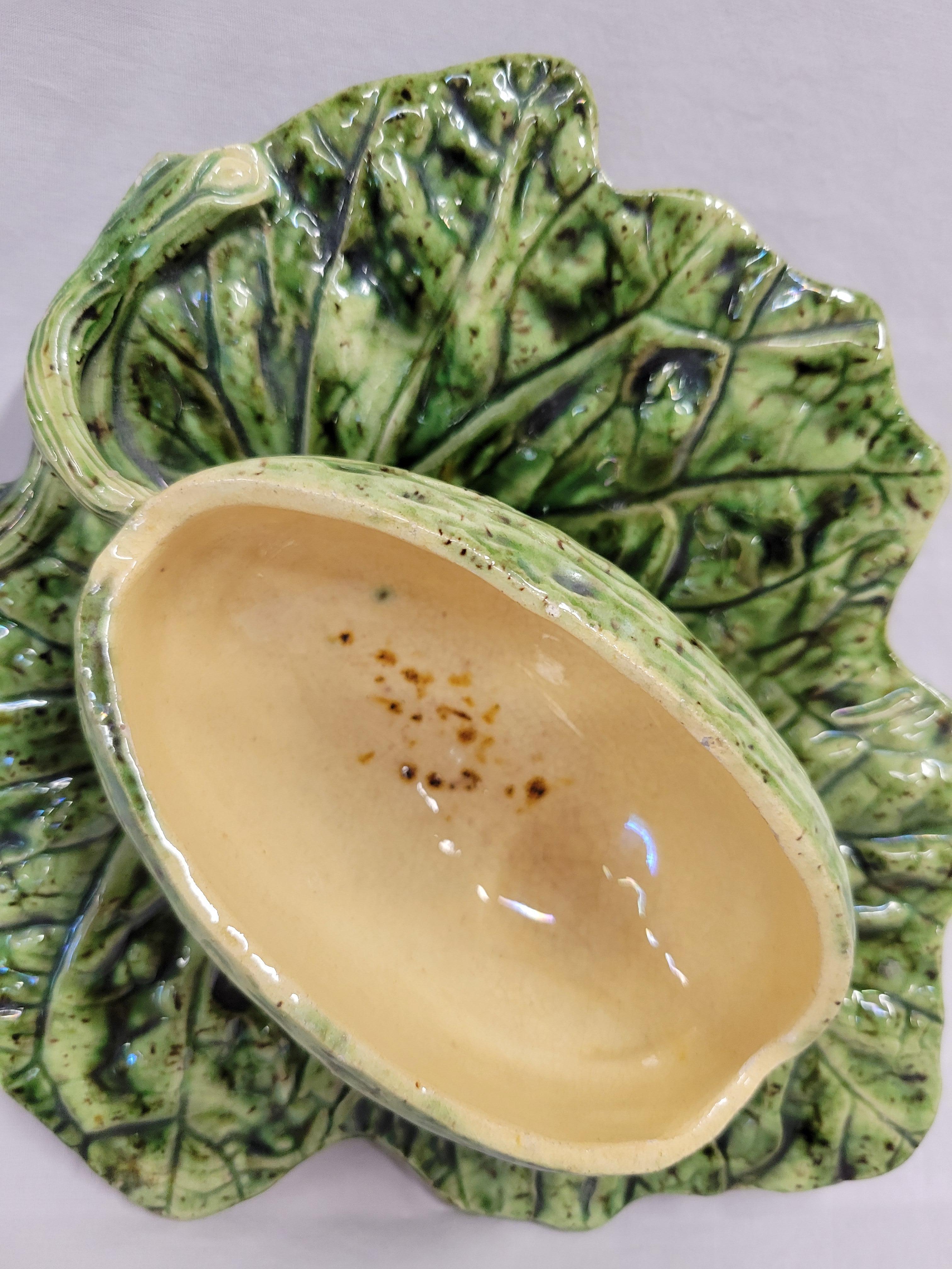 Ceramic Antique Majolica Melon on Leaf Dish in the Style of Sarreguemines For Sale