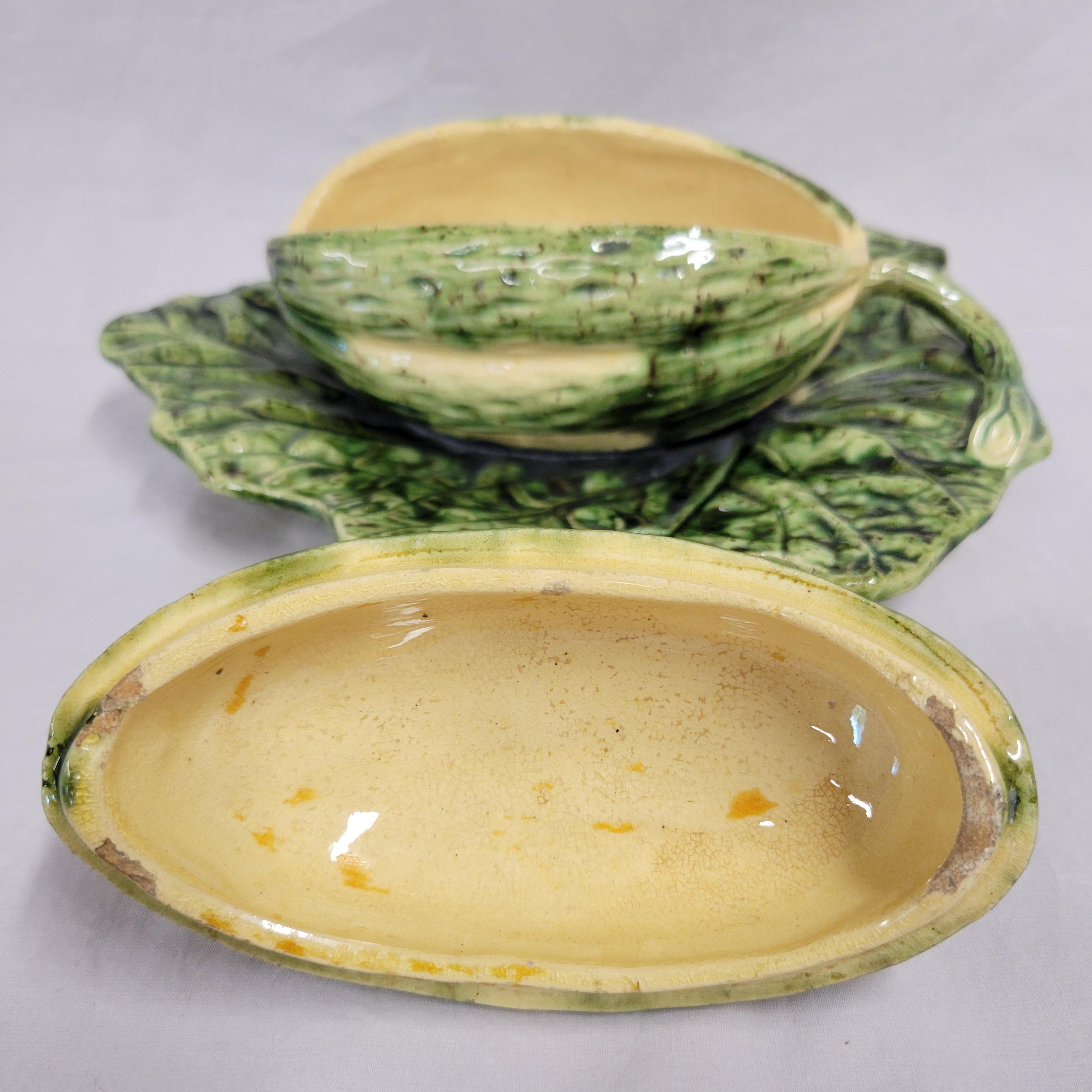 Antique Majolica Melon on Leaf Dish in the Style of Sarreguemines For Sale 2
