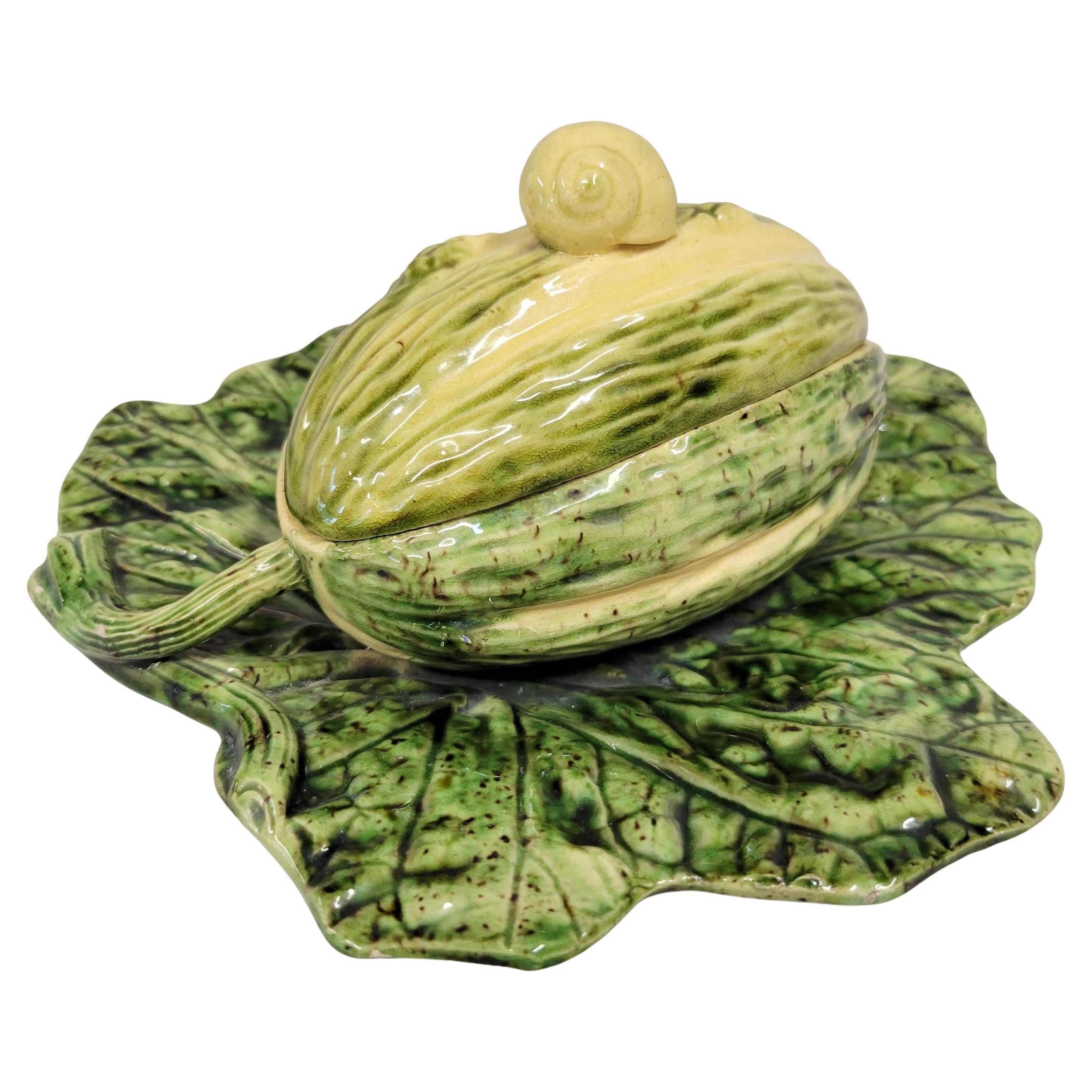 Antique Majolica Melon on Leaf Dish in the Style of Sarreguemines For Sale