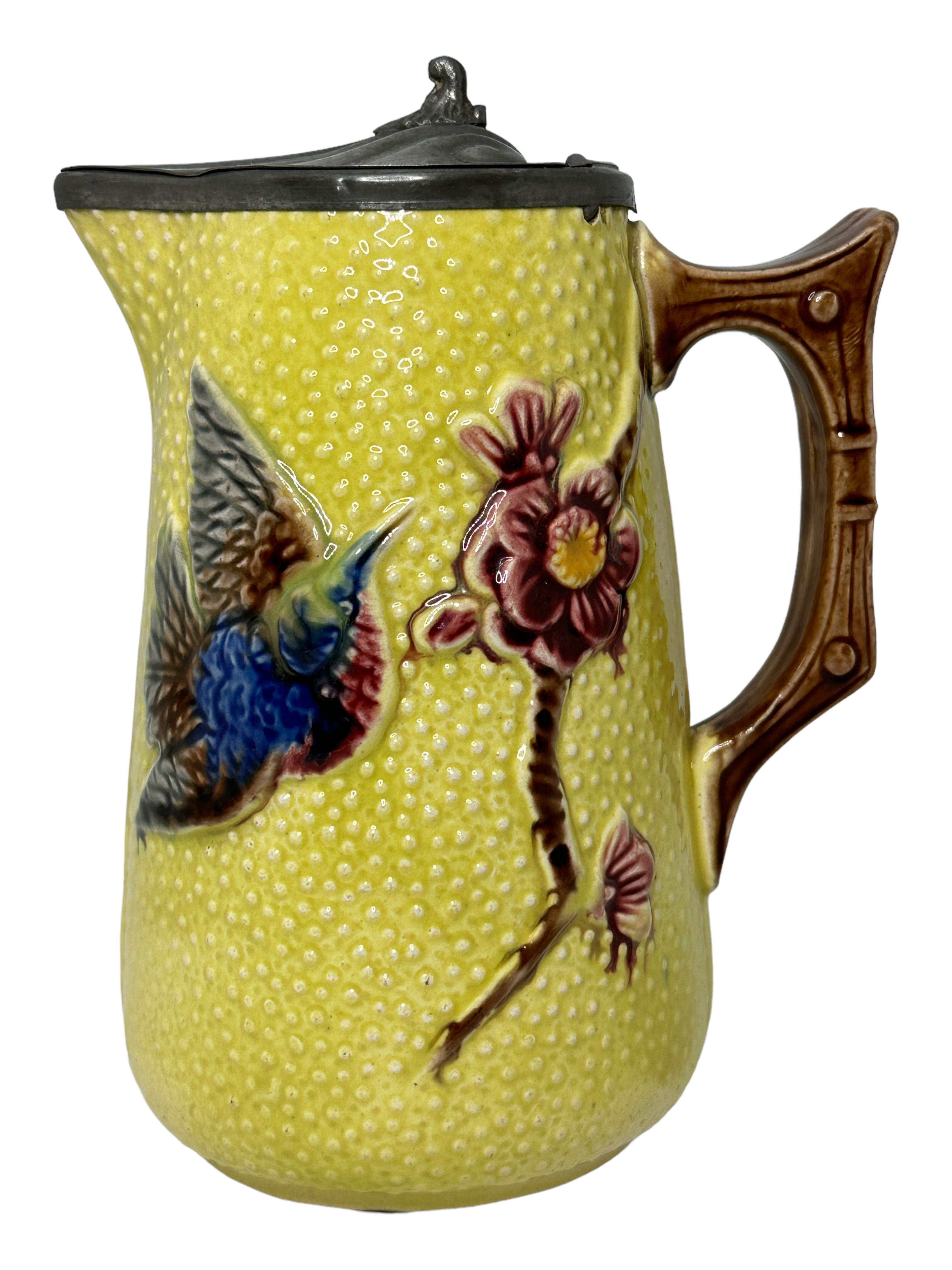 Antique Majolica Milk Pitcher with Pewter Lid, Bird Motif antique 1900s For Sale
