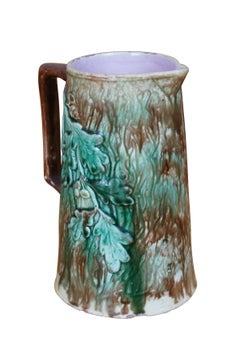 Antique Majolica Oak Leaf & Acorn Nut Tree Bark Creamer Pitcher Jug 8"