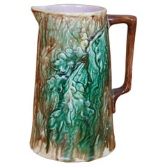 Antique Majolica Oak Leaf & Acorn Nut Tree Bark Creamer Pitcher Jug 8"