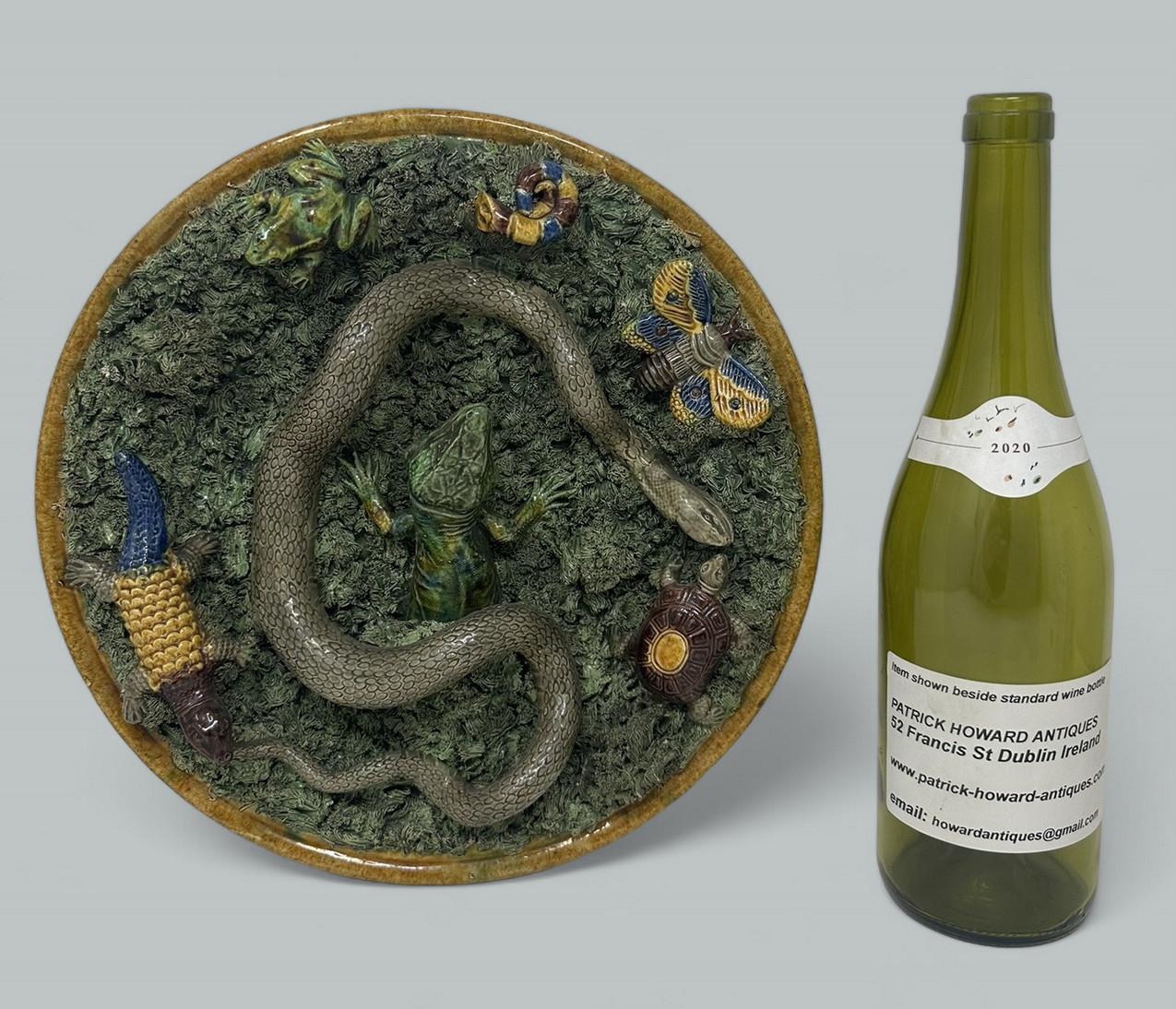 Antike Majolika Palissy Portugiesisch Charger von Jose A Cunha Schmetterling Schlange 1905 4